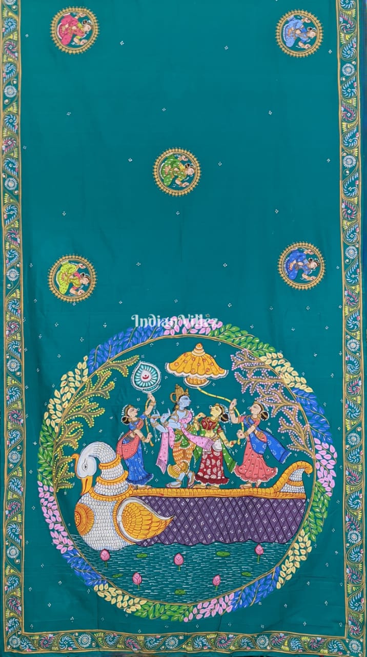 IndianVillèz Azure Blue Radha Krishna Hand-Painted Pattachitra Art Silk Saree