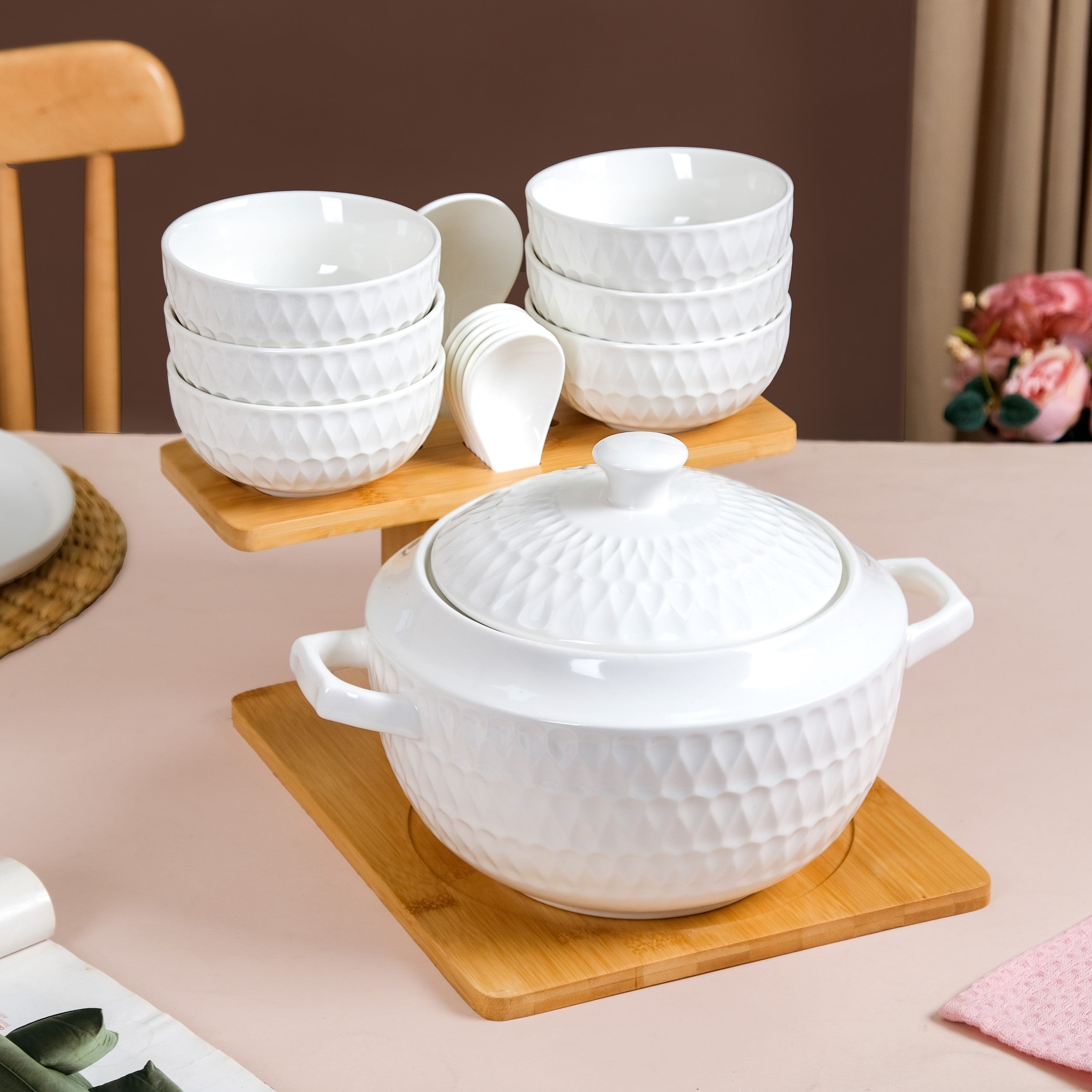 Nestasia White Ceramic Pot And Bowl Set With Spoons And Wooden Stand