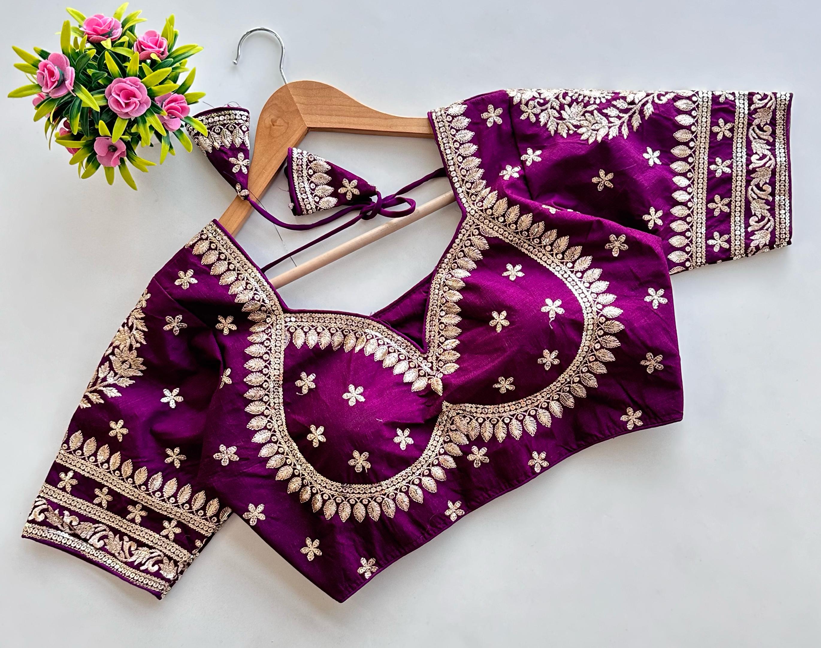 ClothsVilla Dark Purple Golden Embroidered Blubbery Silk Blouse with Sequins