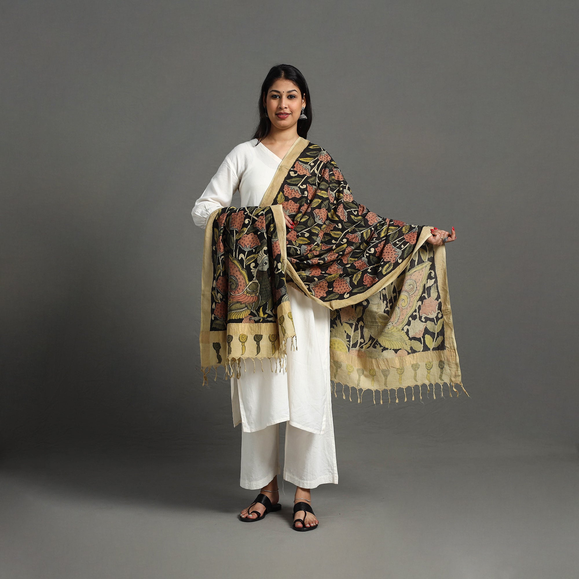 SOUTH KARGHA Black - Mangalagiri Cotton Handpainted Pen Work Kalamkari Dupatta 07 - view 2