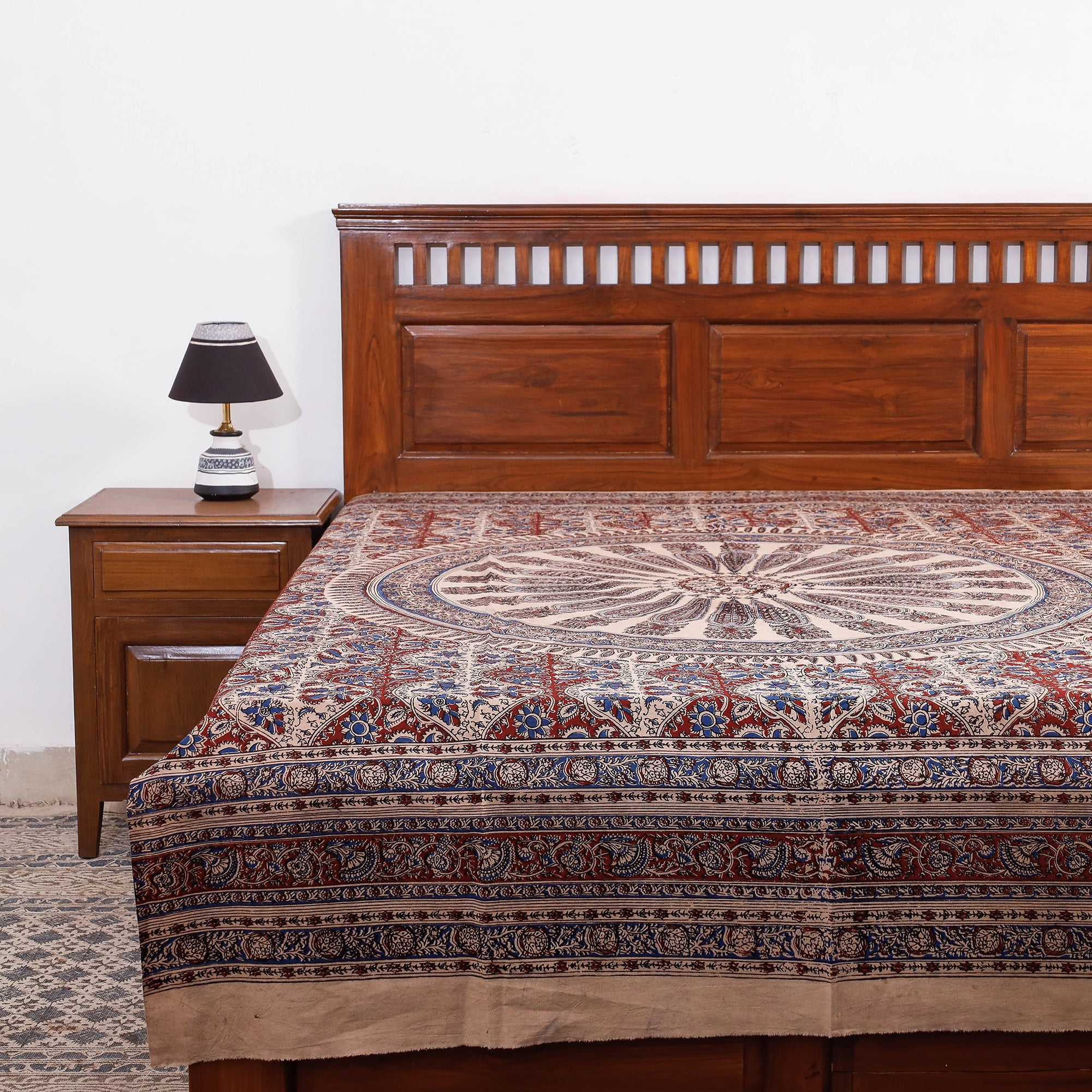 SOUTH KARGHA Beige - Kalamkari Block Printed Cotton Single Bed Cover (90 x 60 in)