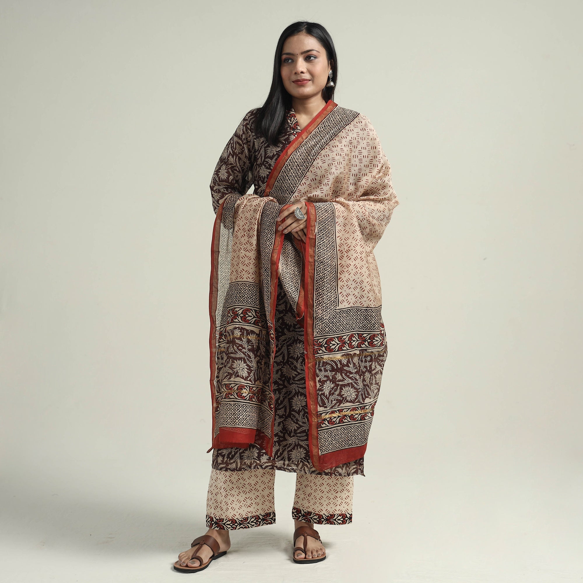 ITOKRI CASUALS Brown - Bagru Block Printed Chanderi Silk Kurta with Palazzo & Dupatta Set - view 2