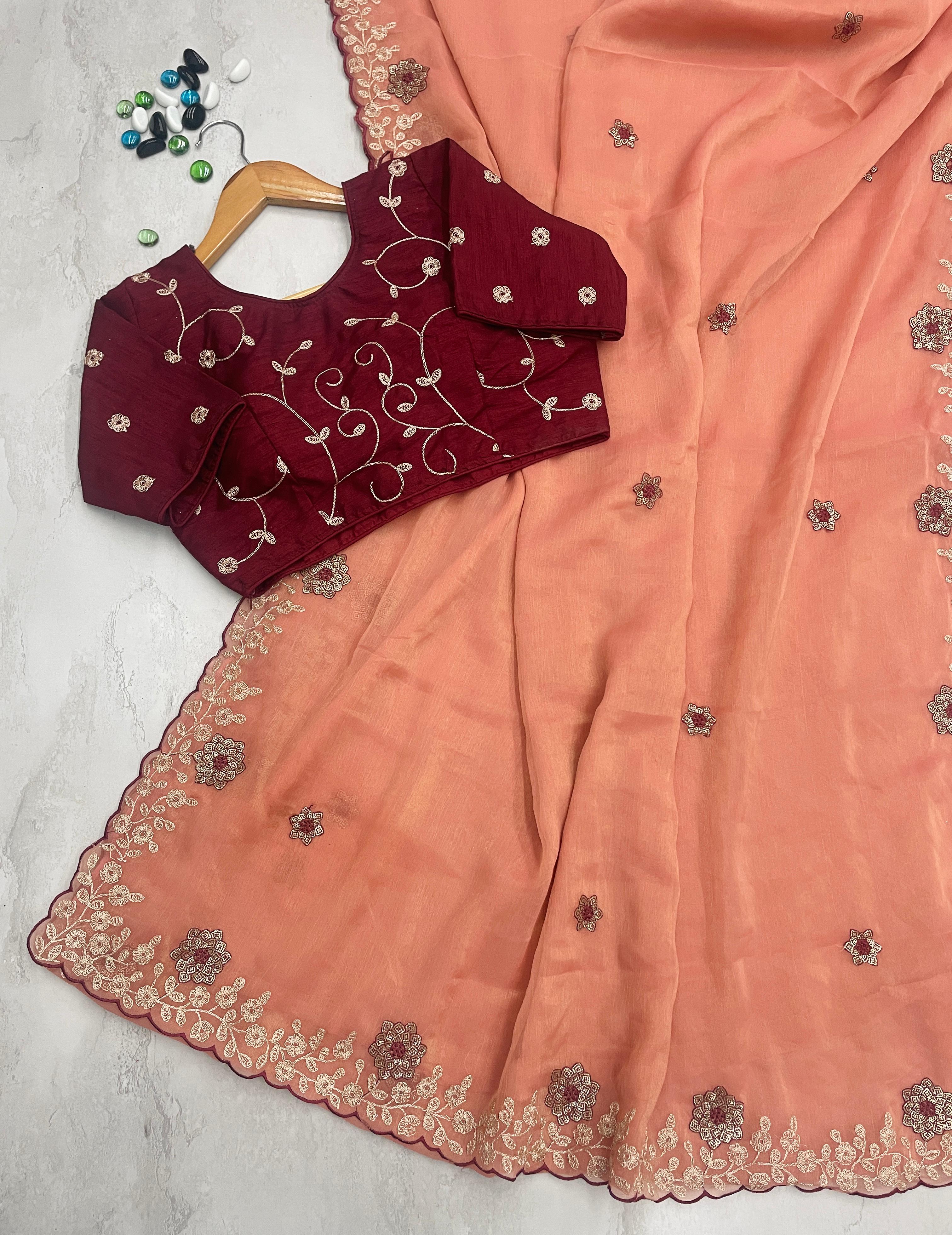 ClothsVilla Orange Kasoli Silk Saree with Beautiful Embroidery and Contrast Thread Work