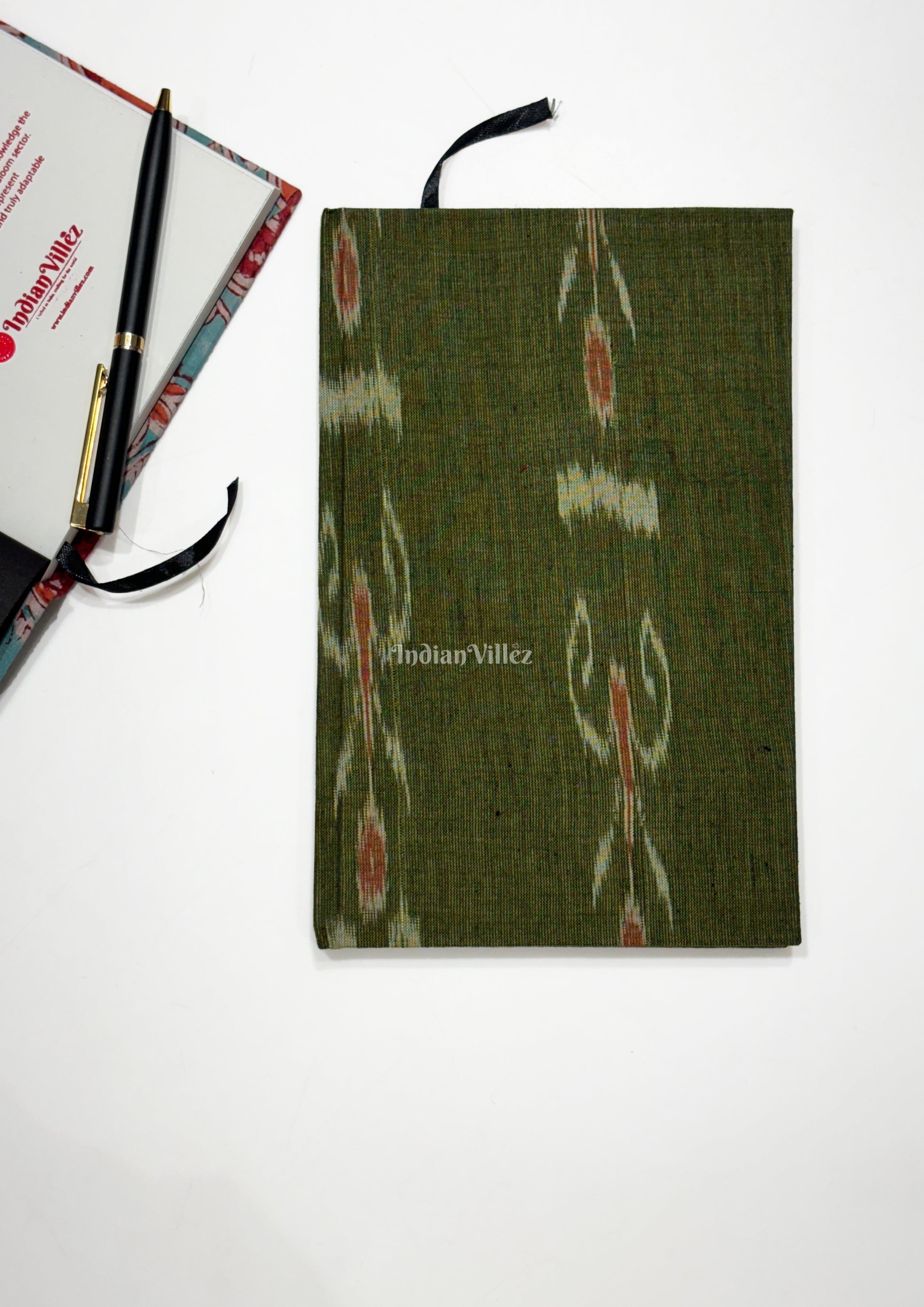 IndianVillèz Green Handmade Ikat Woven Cotton Fabric Cover Diary