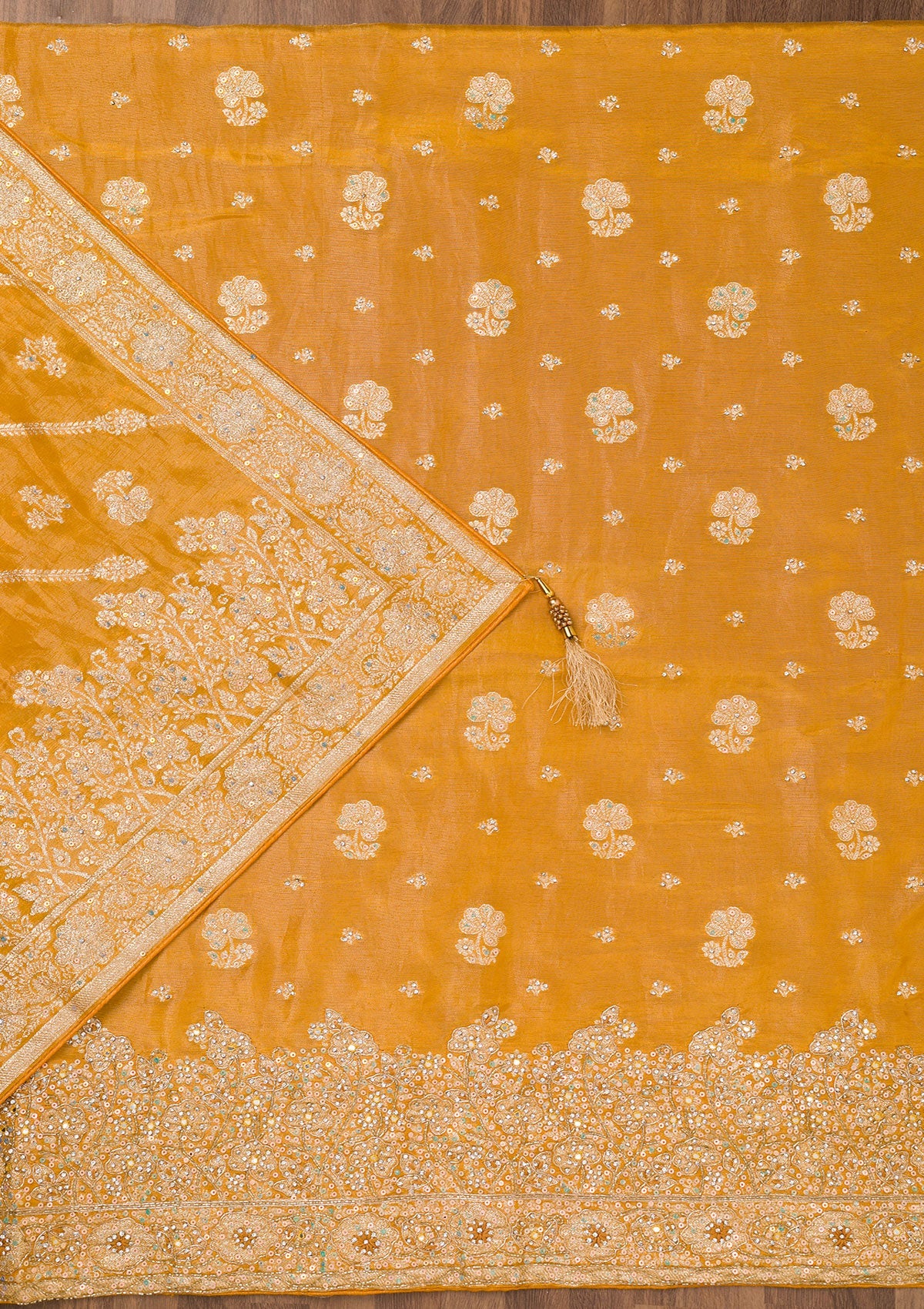 Koskii Mustard Zariwork Semi Crepe Unstitched Salwar Suit - view 3