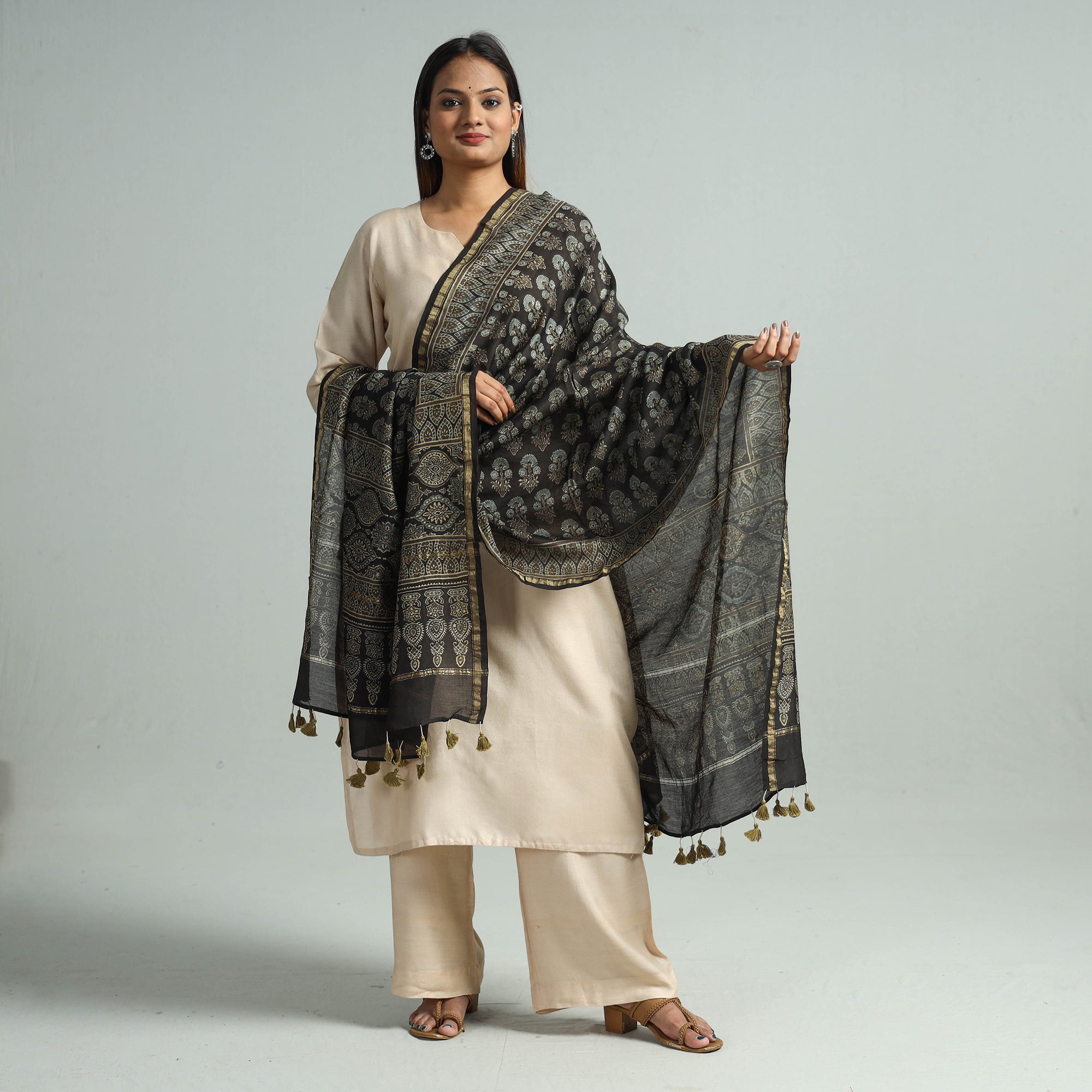 KACHCHH JI CHHAAP Black - Hand Block Print Chanderi Silk Ajrakh Dupatta 53 - view 2
