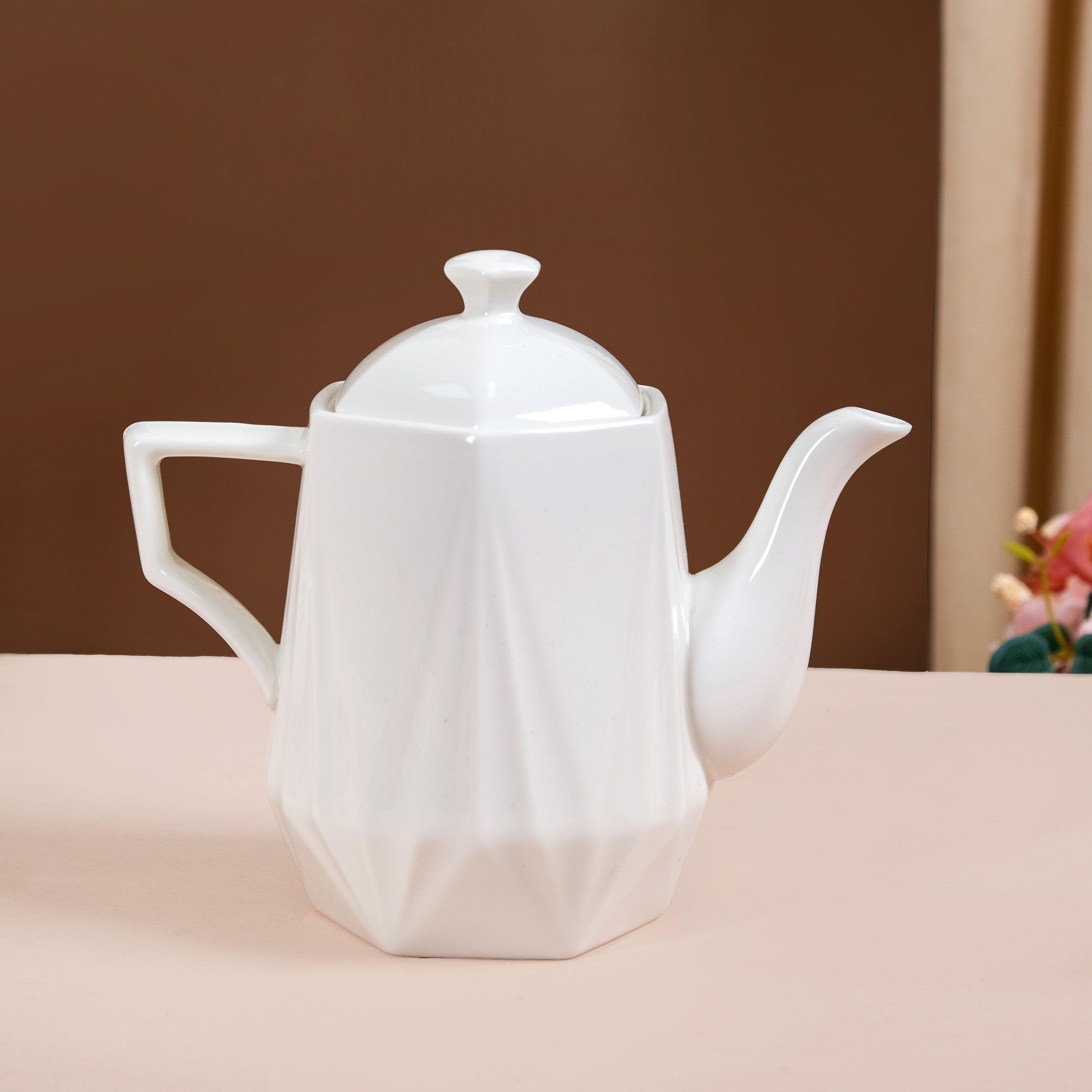 Nestasia Hexagonal Minimalist White Tea Set With Wooden Stand - view 6