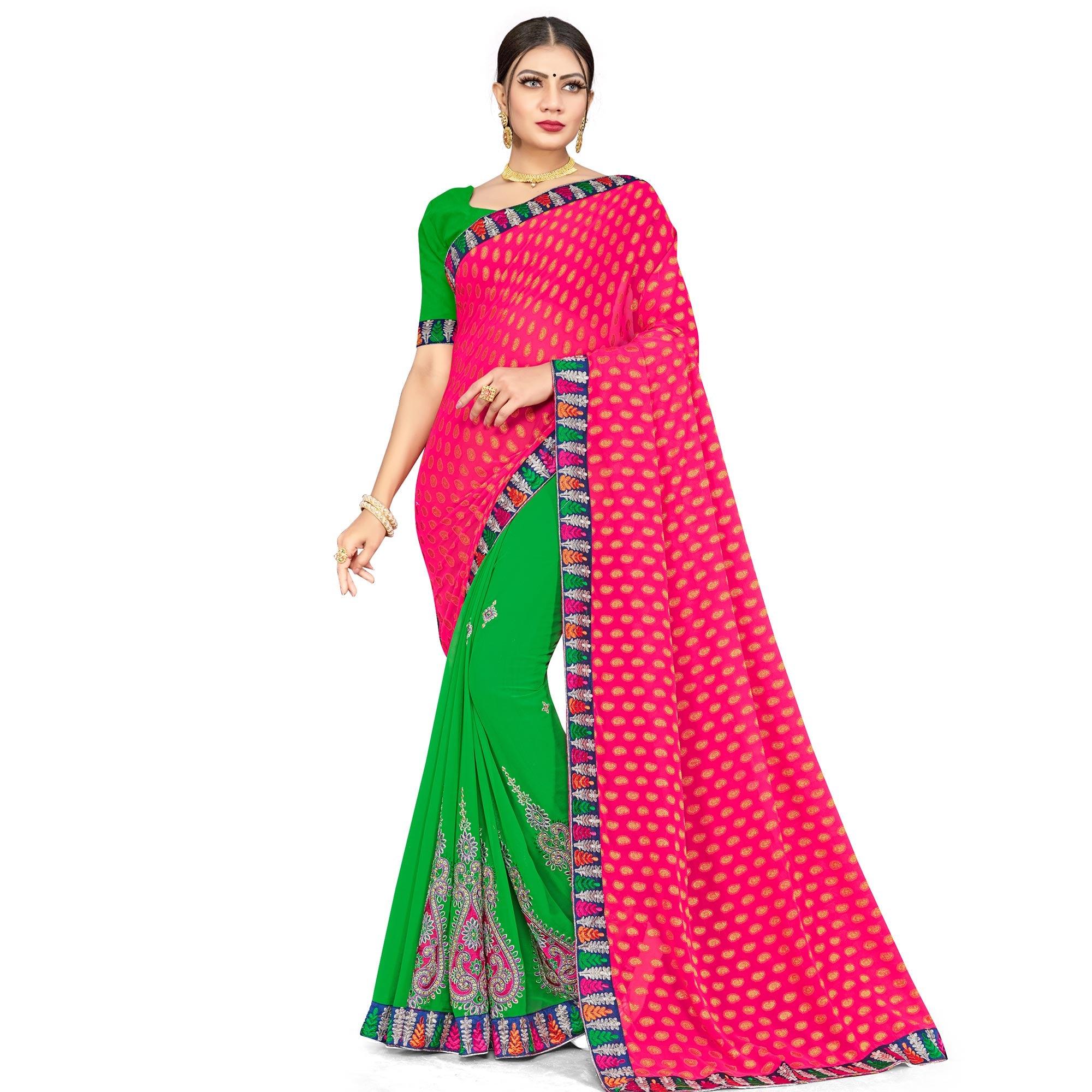 Peachmode Breathtaking Green-Pink Colored Party Wear Embroidered Georgette Half-Half Saree