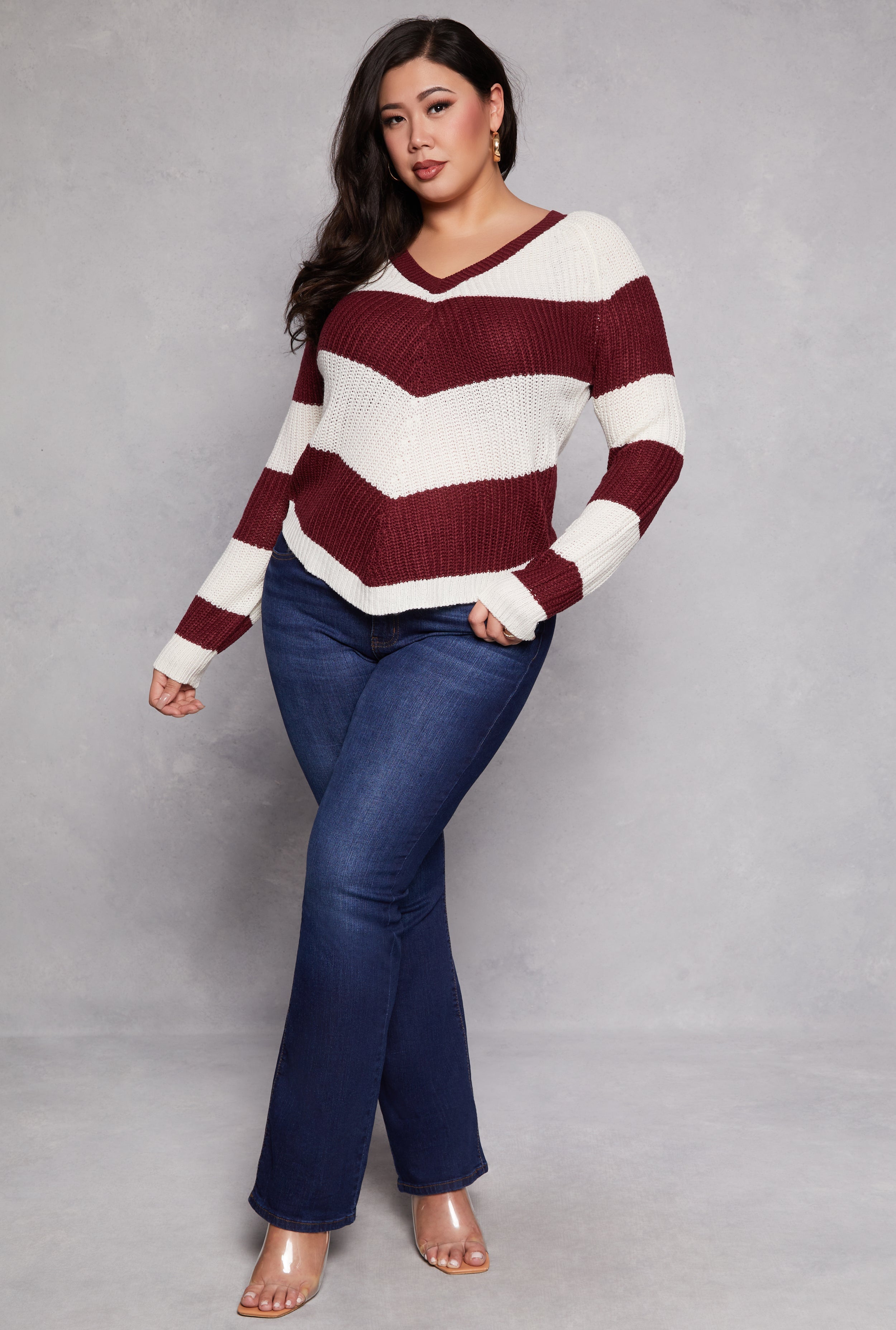 Rainbow Shops Plus Size Chevron Knit Lace Up V Neck Sweater - view 2