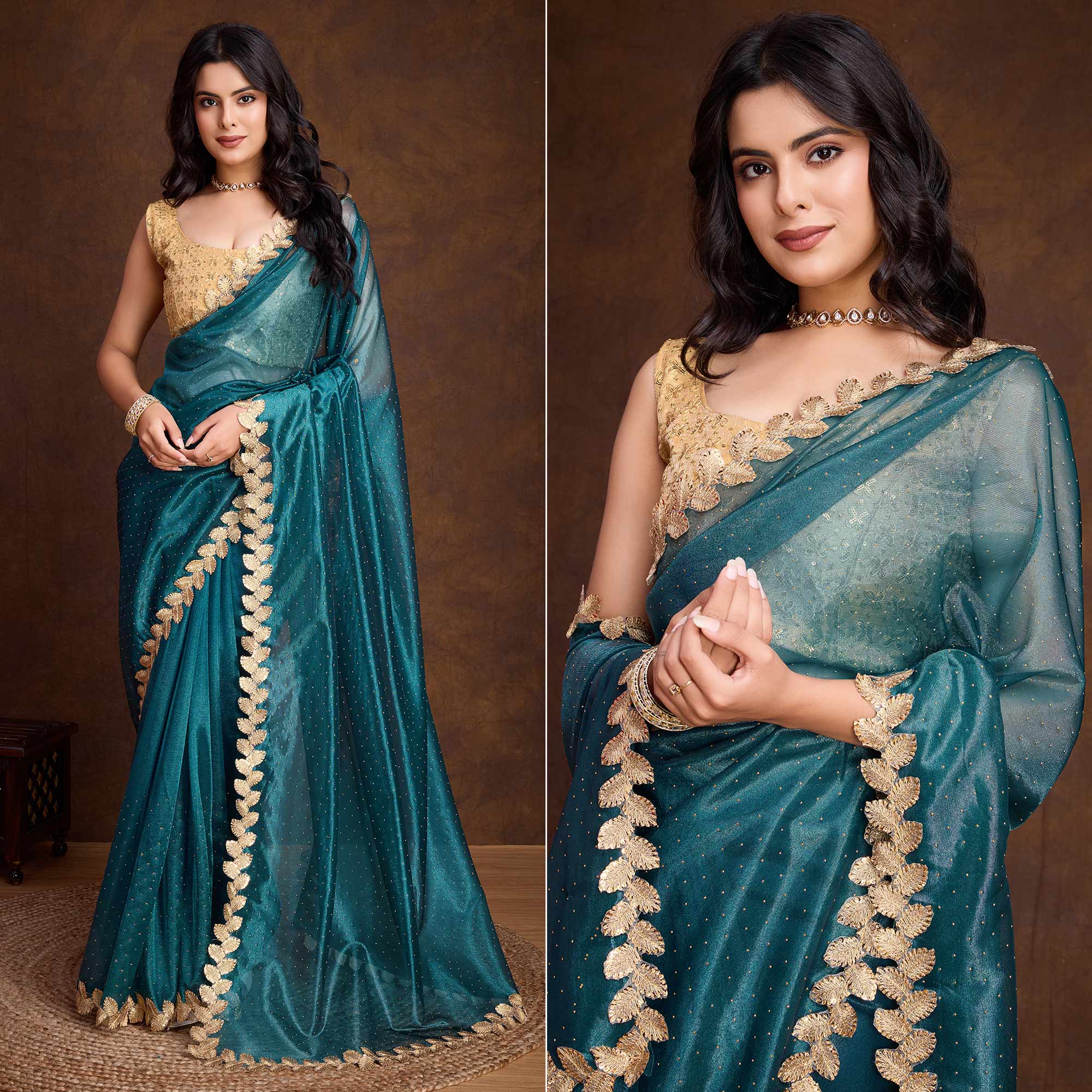 Peachmode Morpich Blue Swarovski Work Shimmer Net Saree