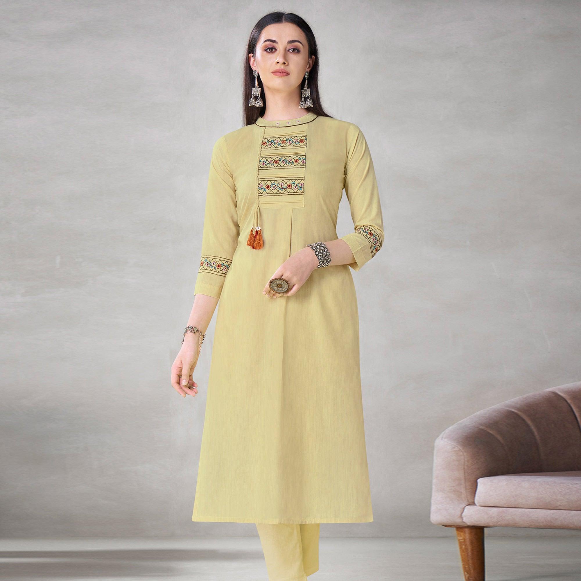 Peachmode Seller Exclusive Pastel Yellow Colored Partywear Embroidered Viscose Kurti