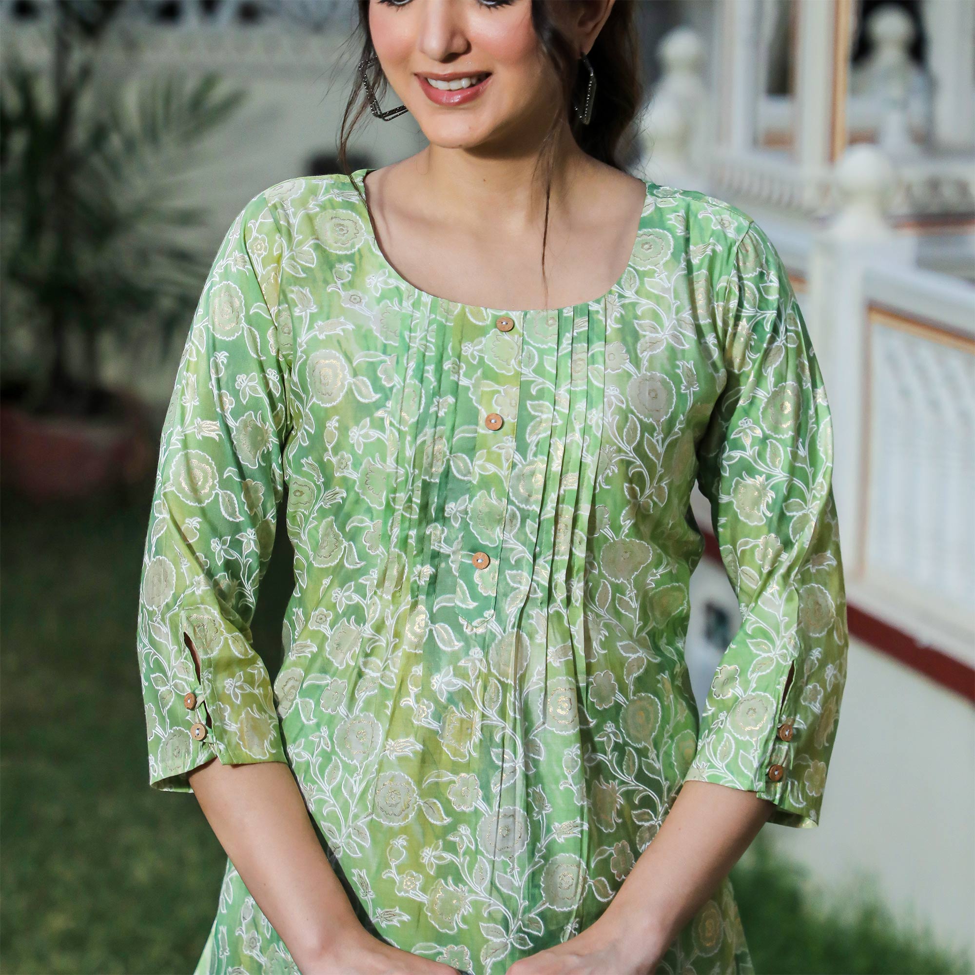 BlackTree green-floral-foil-printed-modal-top - view 2