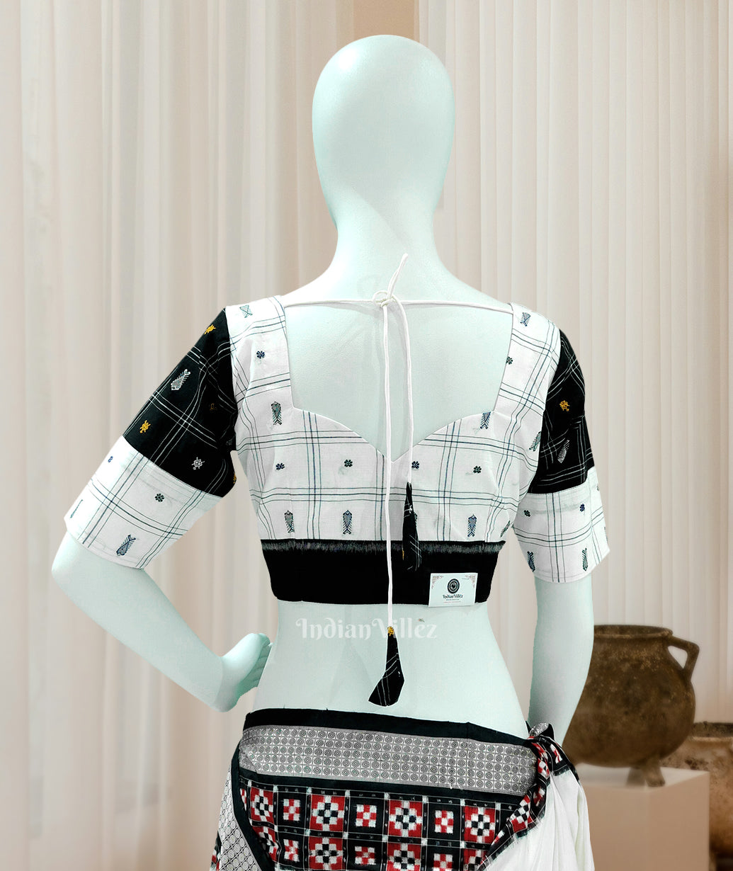 IndianVillèz White Black Bomkai Cotton Blouse - view 2