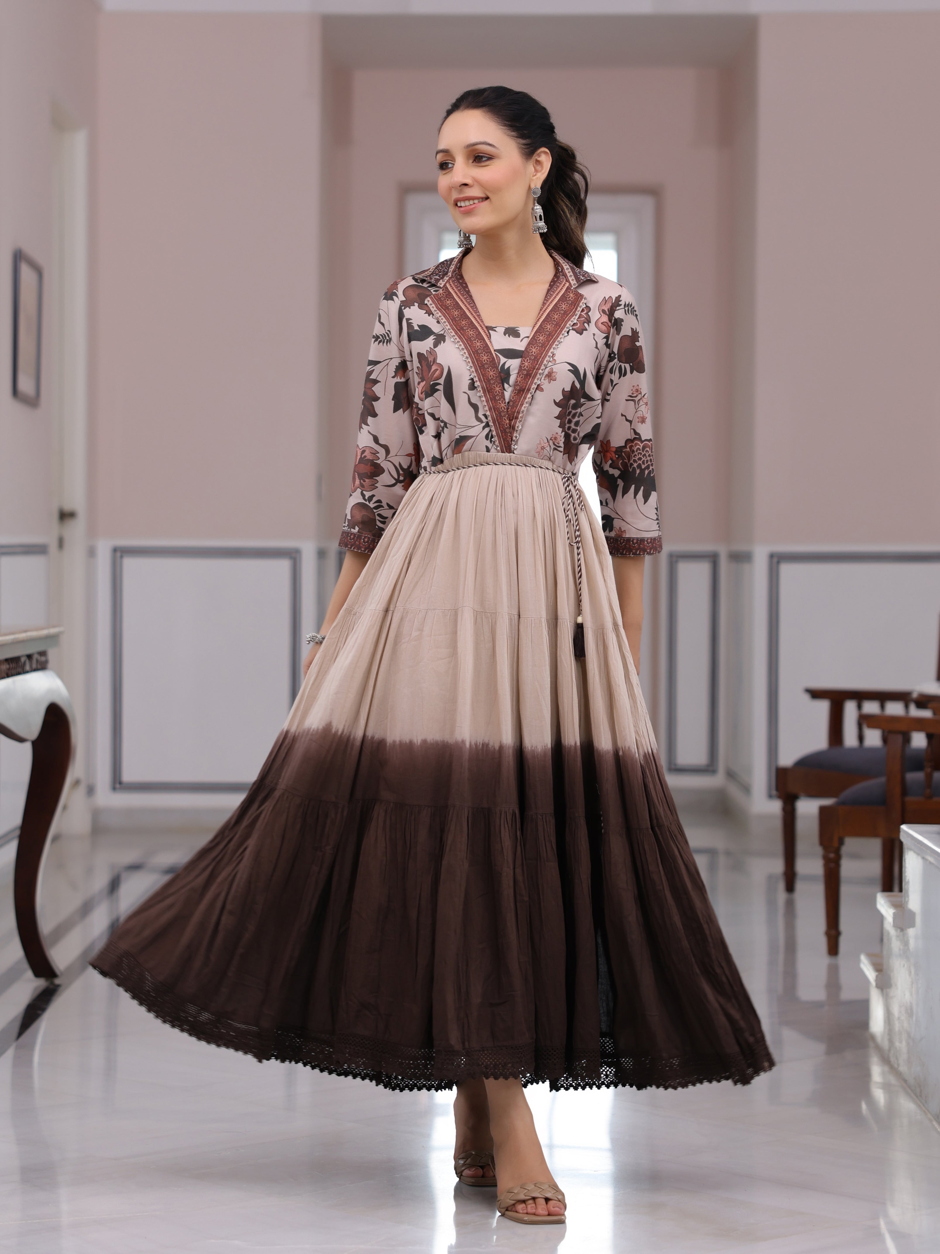 Fashor Floral Printed Ombre Dyed Pearl Beading Embellished Tiered Dress - Beige & Brown - view 6