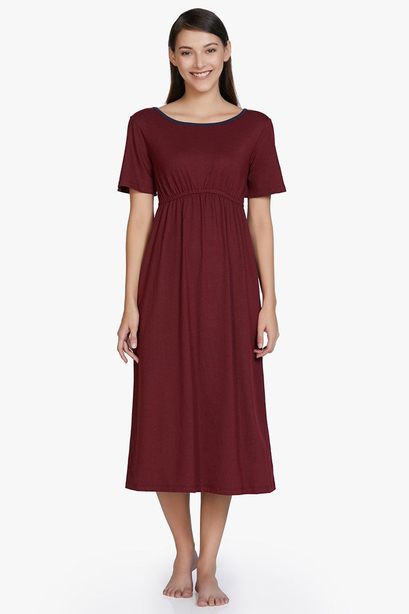 Amante Cotton Blend Chemise Dress - Maroon