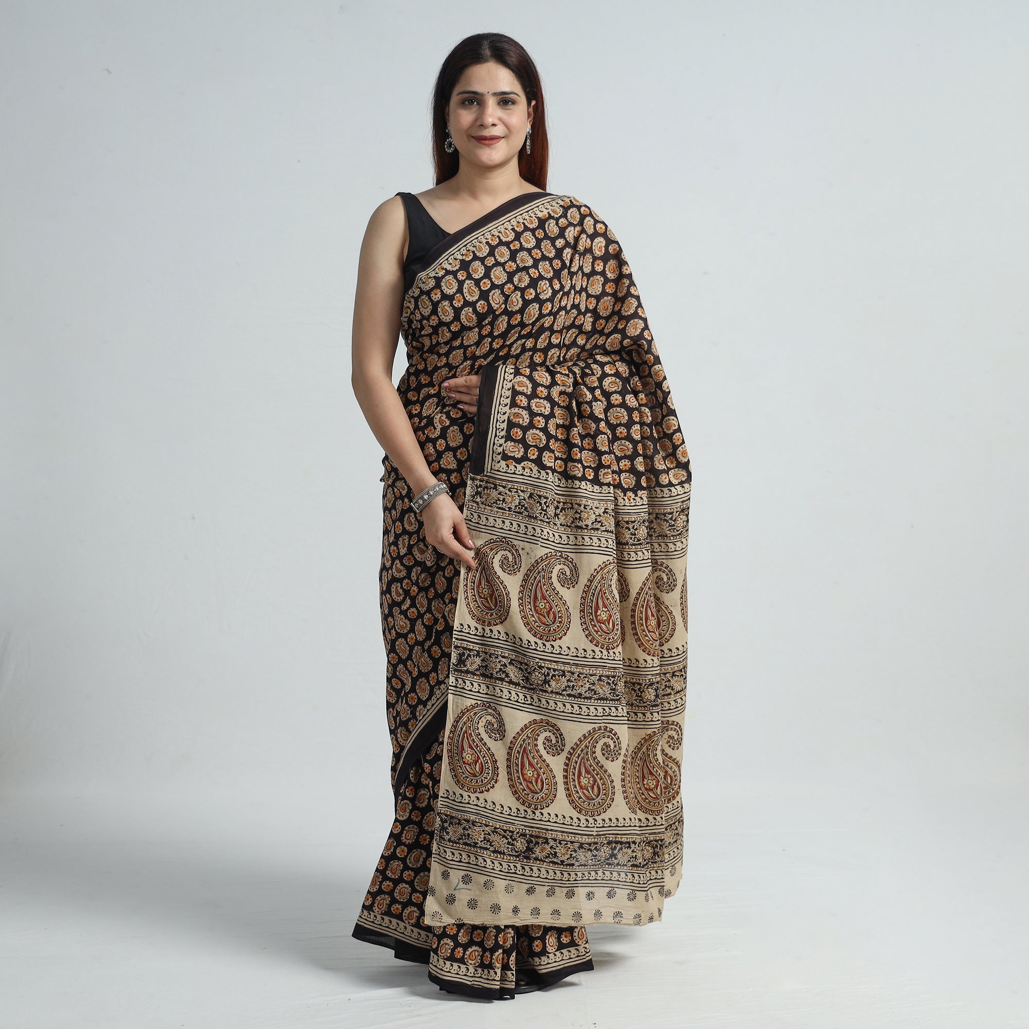 SOUTH KARGHA Black - Pedana Block Print Cotton Kalamkari Saree 14