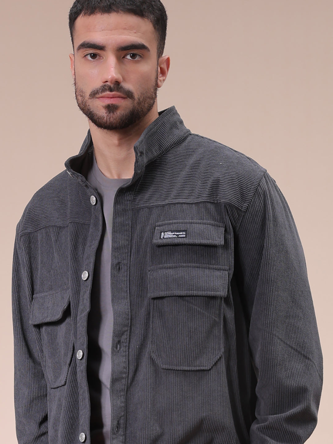 The Indian Garage Co Men's Grey Relaxed Fit Knitted Corduroy Utility Jacket