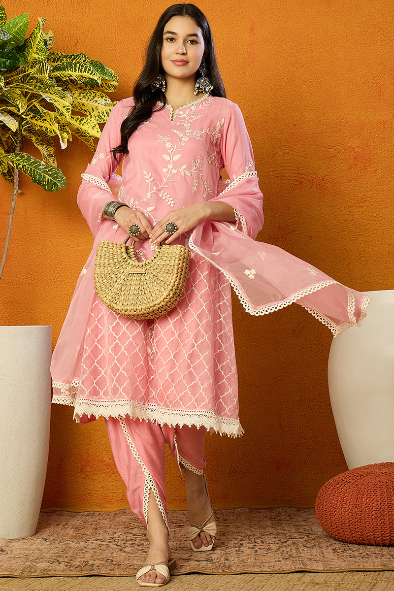 Ahika Pink Organza Solid Embroidered A-Line Dhoti Style Suit Set PKSKD2439 - view 3