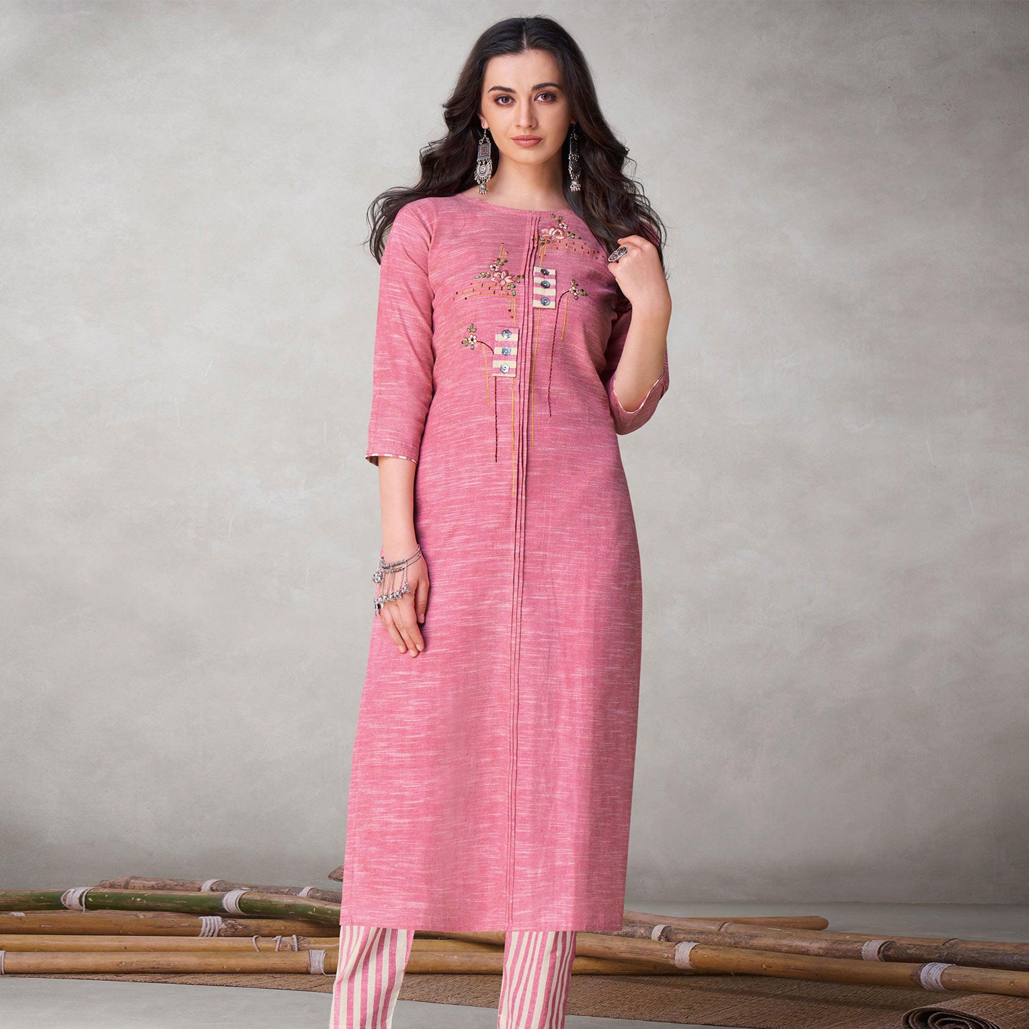 Peachmode Seller Fantastic Pink Colored Party Wear Embroidered Self Weaved Cotton Kurti Pant Set