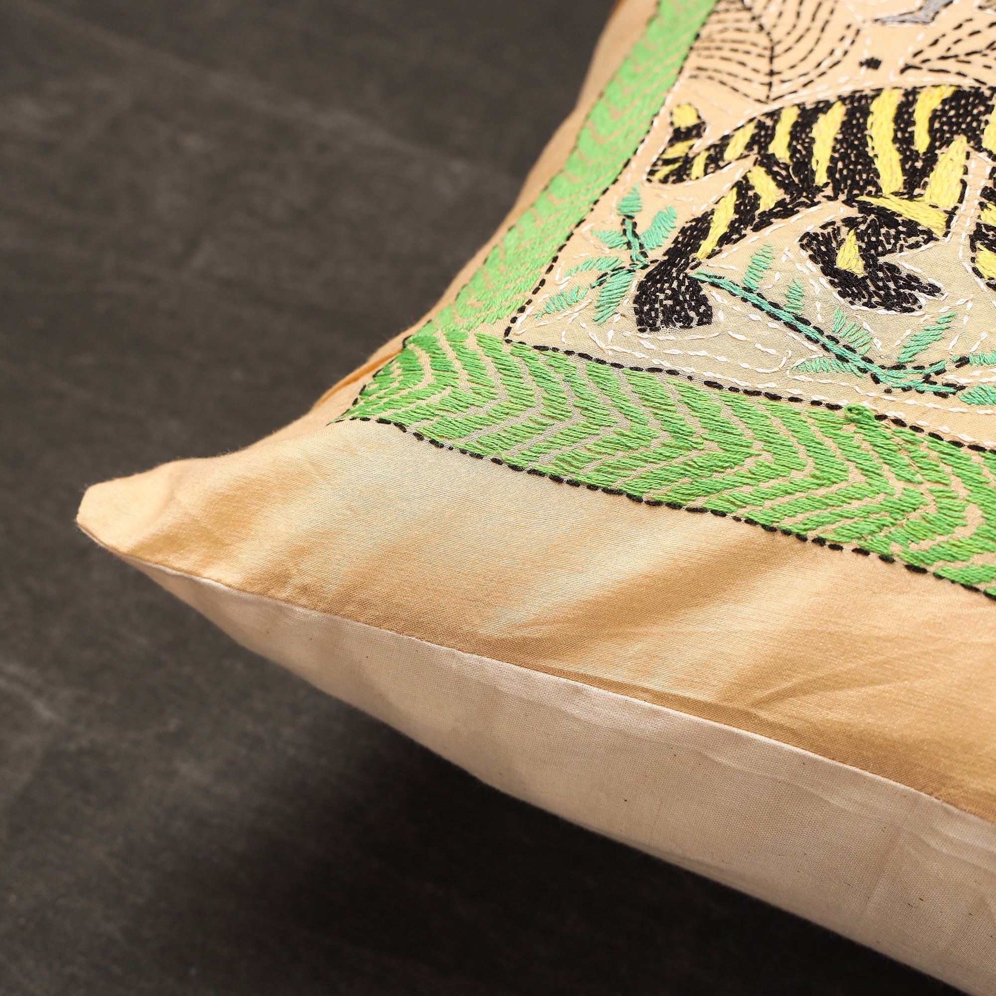 KHUSHBASH - HAPPY LOOM OF EAST Beige - Bengal Kantha Embroidery Silk Cushion Cover (16 x 16 in) 03 - view 2