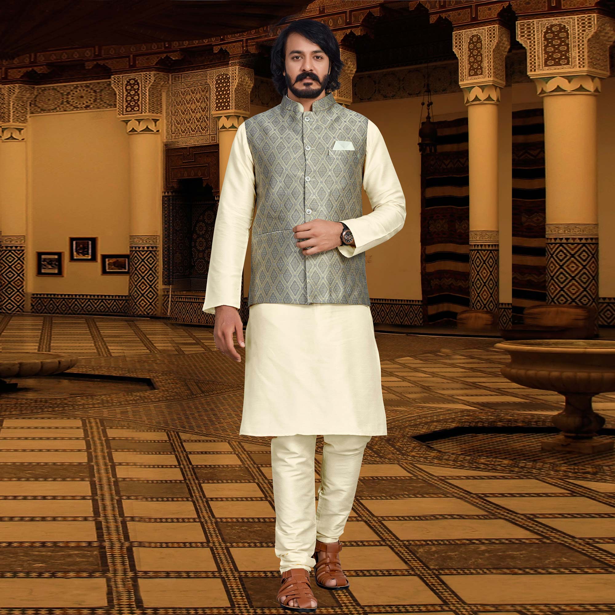Peachmode Seller Cream Grey Woven Art Silk Kurta Pyjama Set With Jacket - view 2