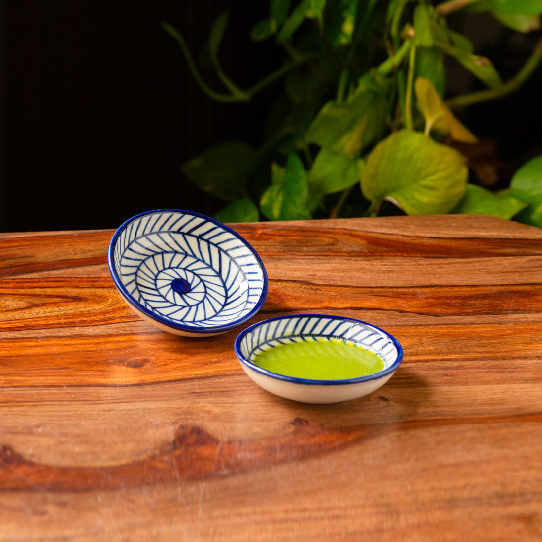 EXCLUSIVELANE 'Indigo Chevron' Handpainted Ceramic Chutney Bowls (Set of 2, 25 ML, Microwave Safe)