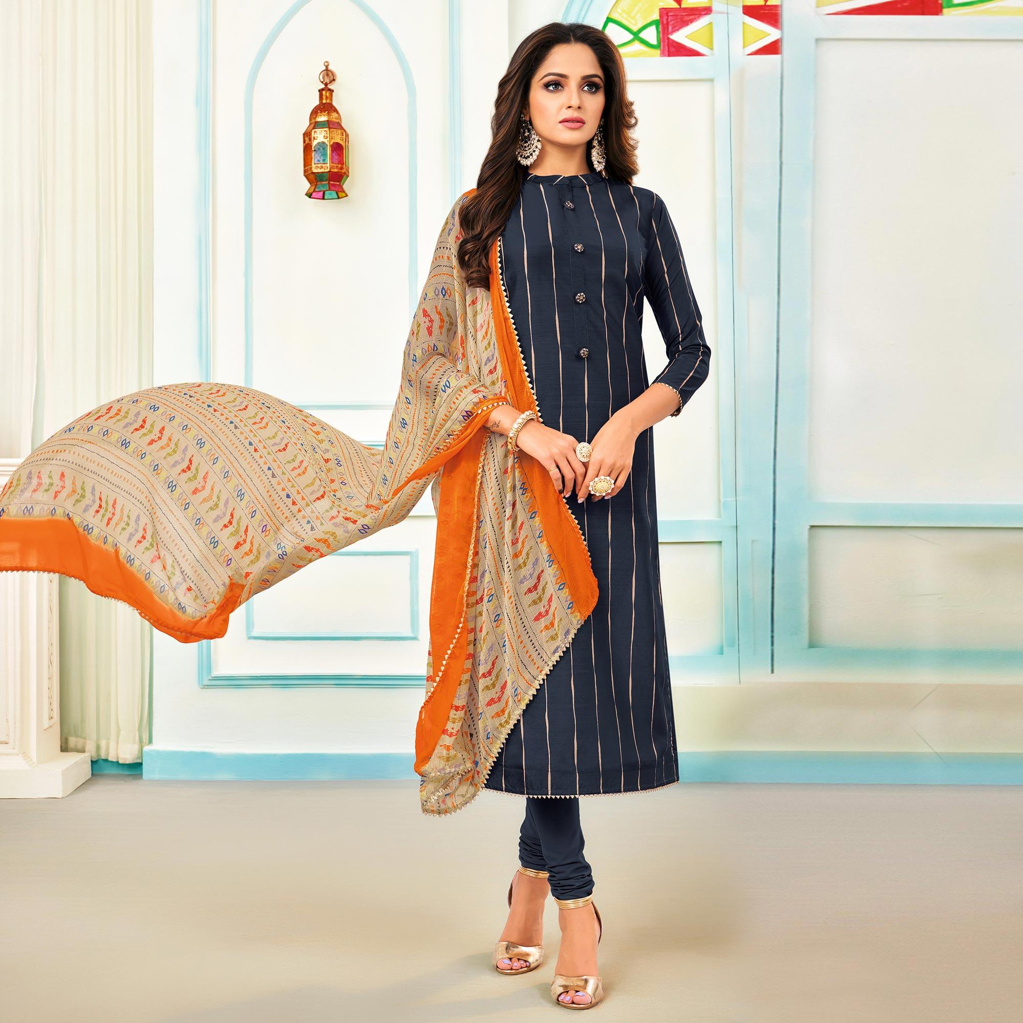 Peachmode Ideal Navy Blue Colored Casual Wear Embroidered Chanderi Dress Material