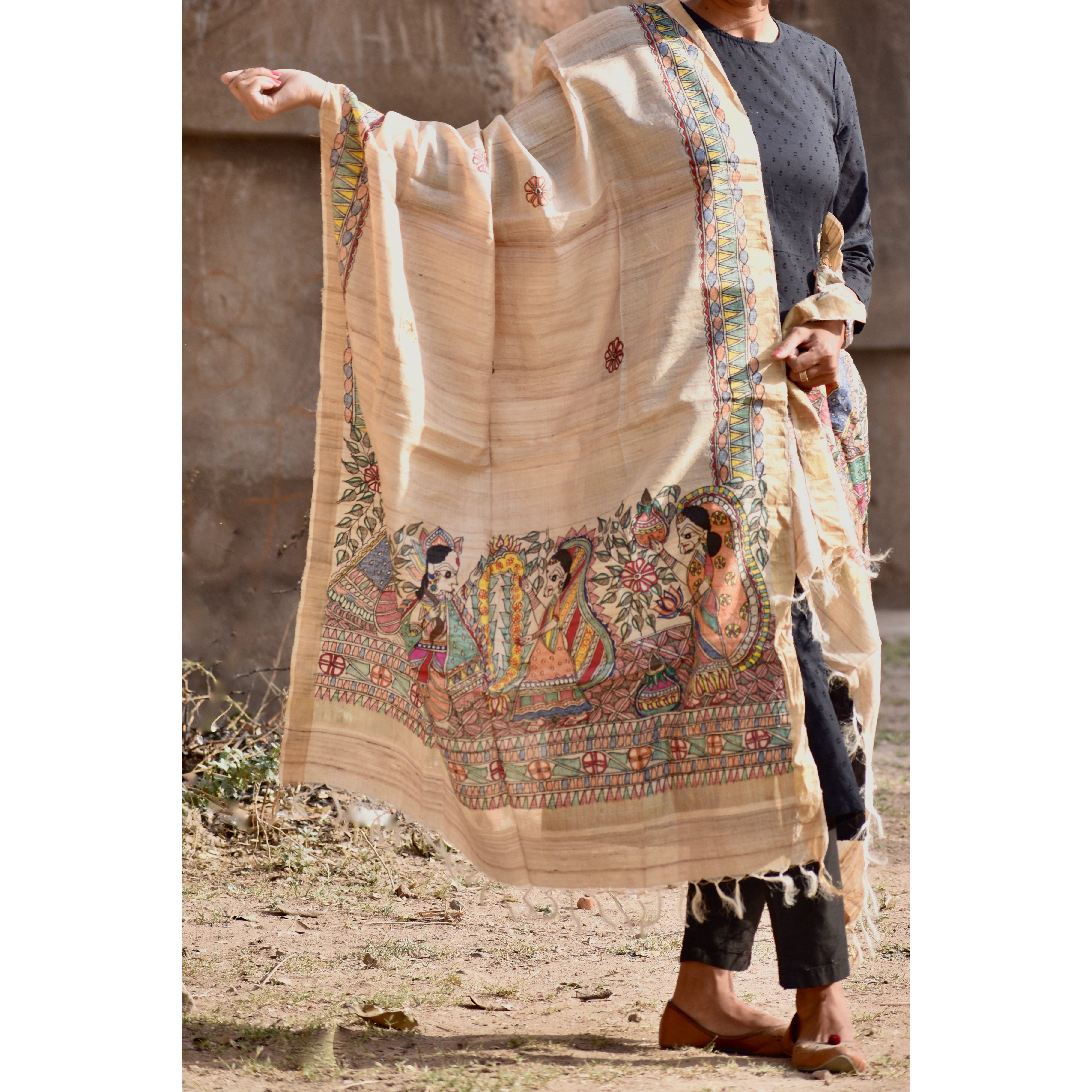 DIORAMA DESIGNS Beige - Madhubani Hand-Painted Natural Tussar Silk Dupatta