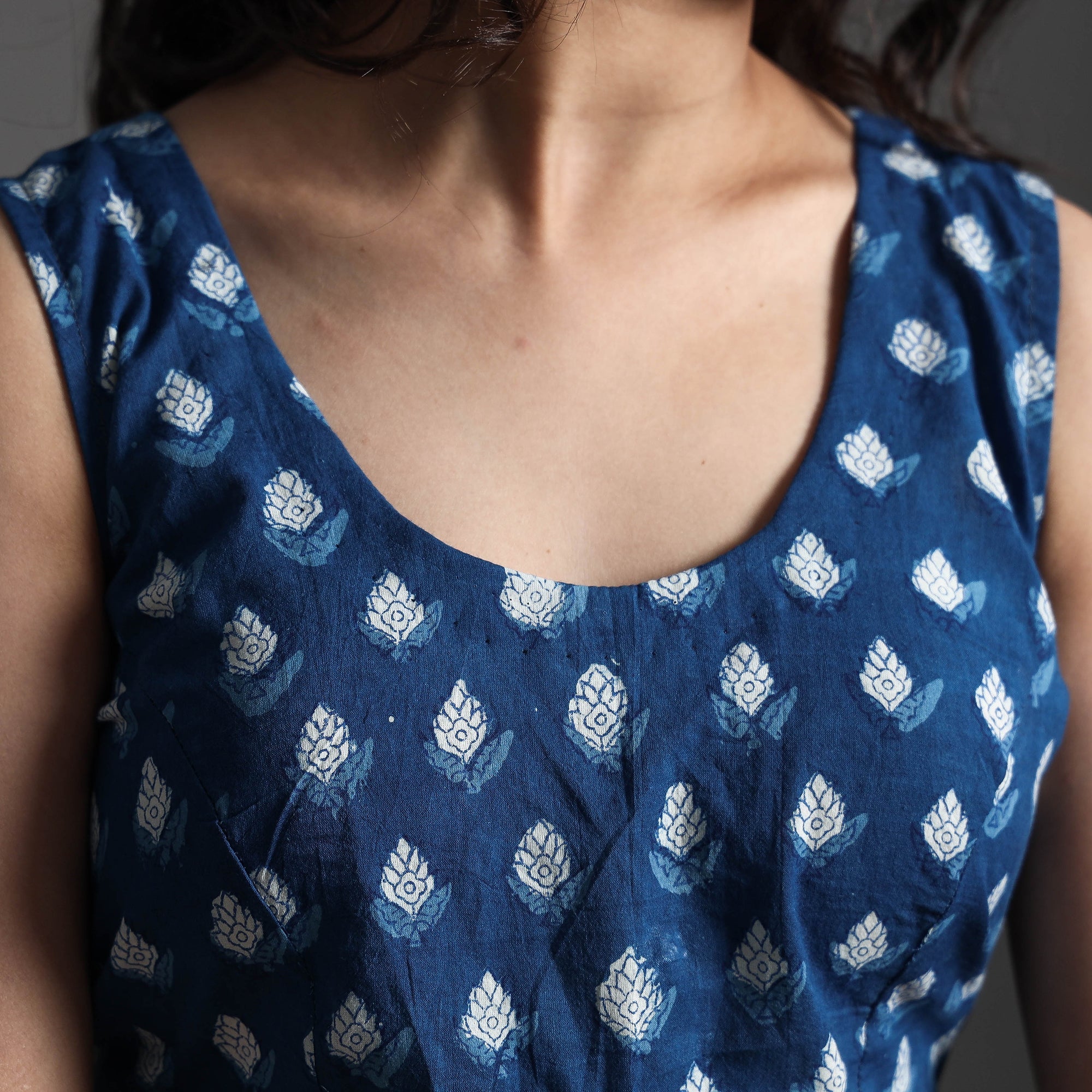 ITOKRI CASUALS Blue - Bagru Dabu Block Printed Cotton Stitched Sleeveless Blouse - view 3