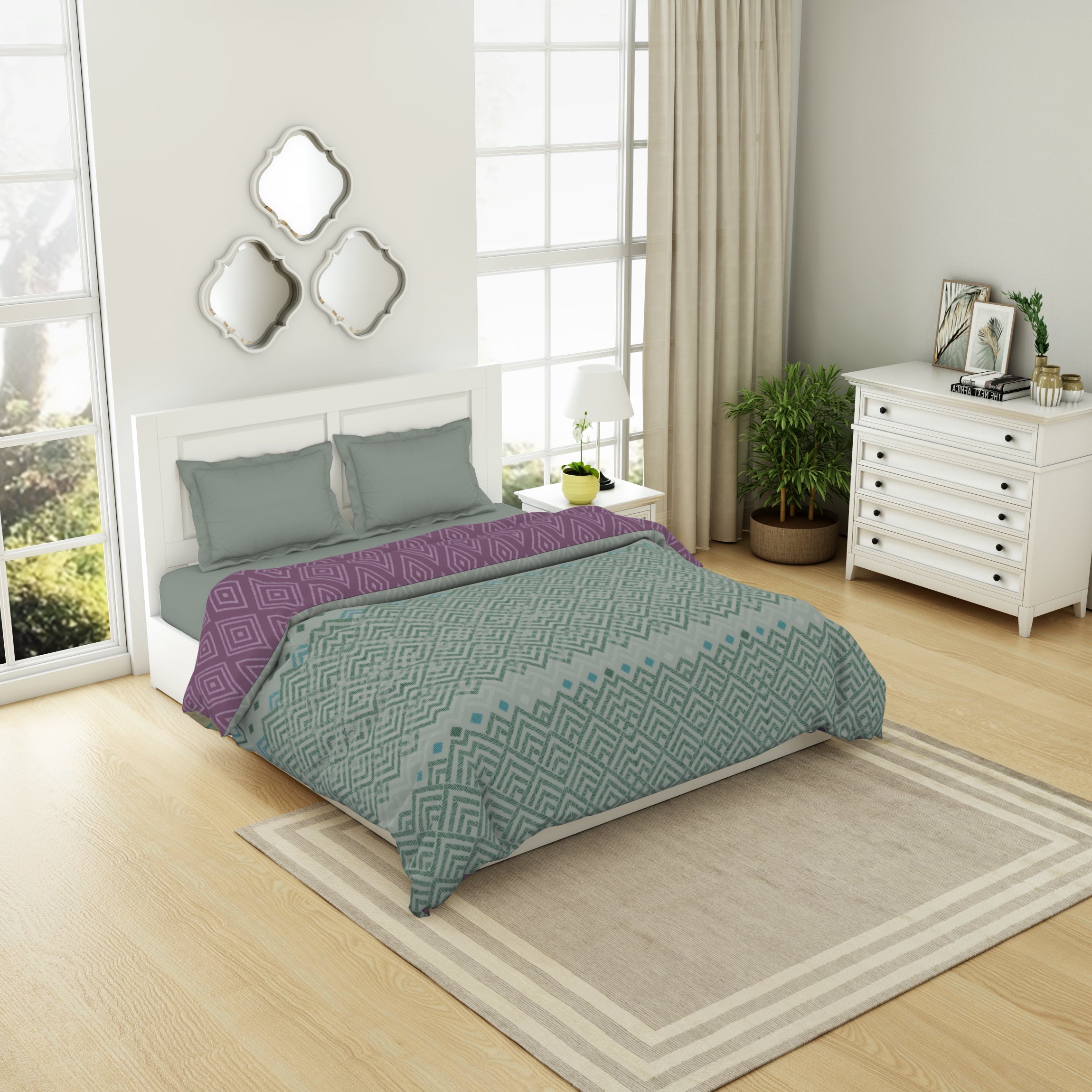 Spaces India Geometric Harbour Grey - Light Teal 100% Cotton Shell Double Quilt / AC Comforter - Geospace By Spaces - view 2