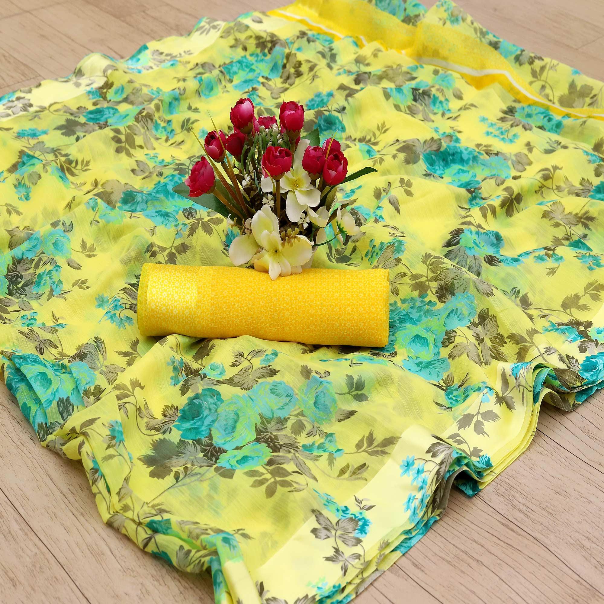 Peachmode Mesmerising Lemon Yellow Colored Casual Wear Floral Printed Cotton Blend Saree