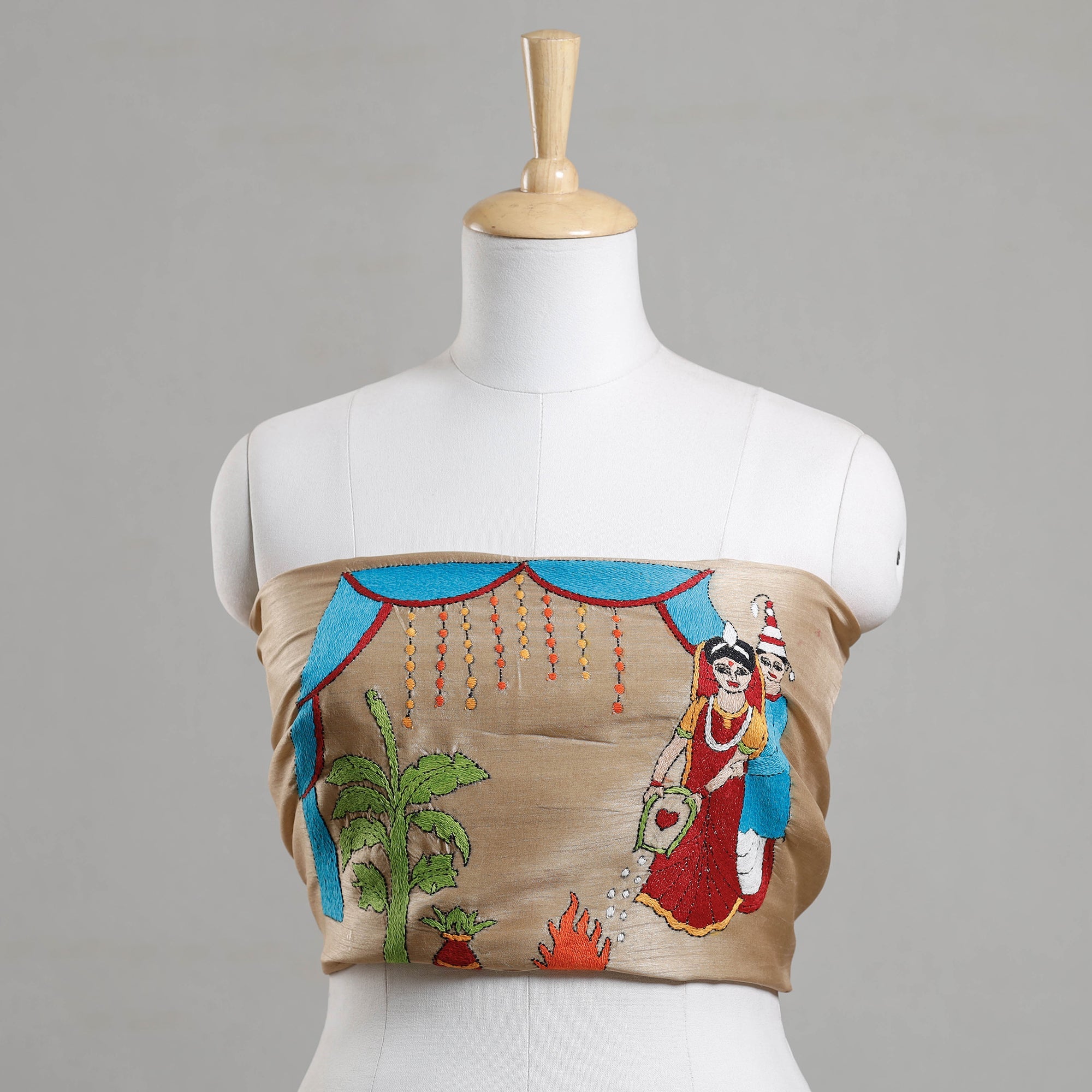 ITOKRI CRAFTS INITIATIVE Beige - Bengal Kantha Embroidery Raw Silk Blouse Piece