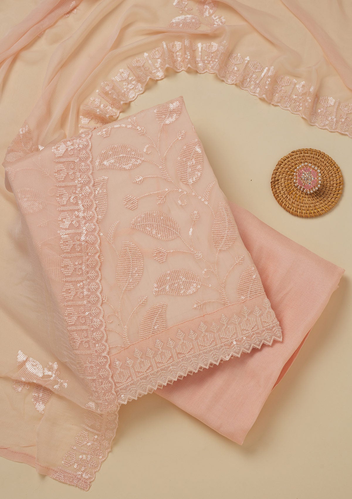 Koskii Peach Threadwork Organza Unstitched Salwar Suit