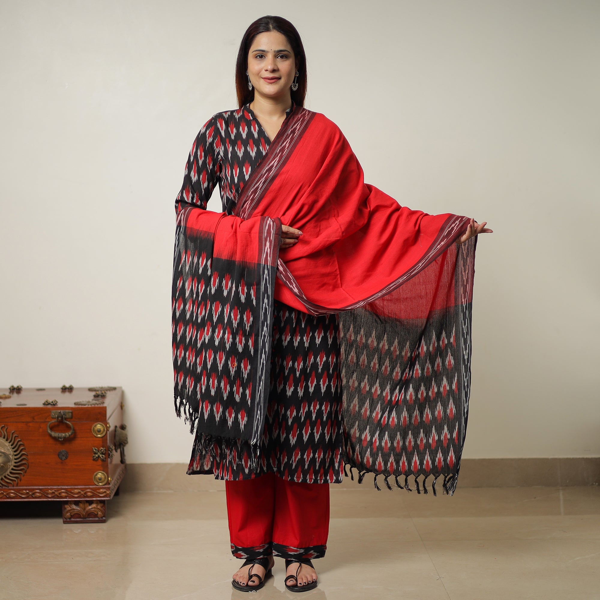 ITOKRI CASUALS Black - Pochampally Ikat Weave Cotton Kurta with Palazzo & Dupatta Set 12