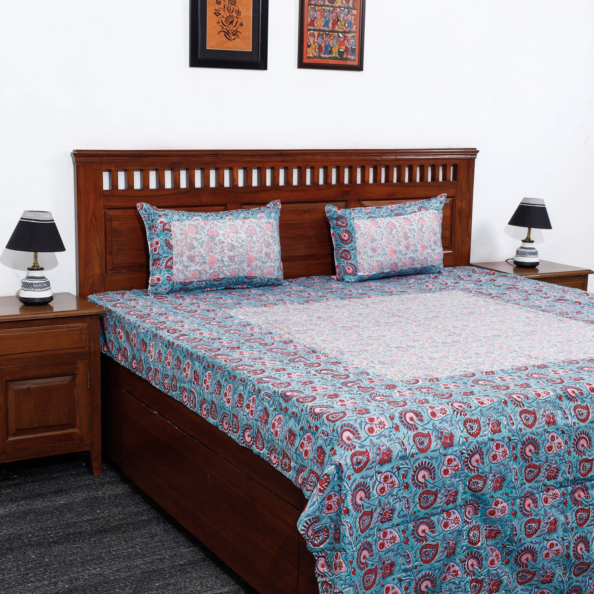 NOORI BAZAR Blue - Block Print Patchwork Cotton Sanganeri Bed Sheet