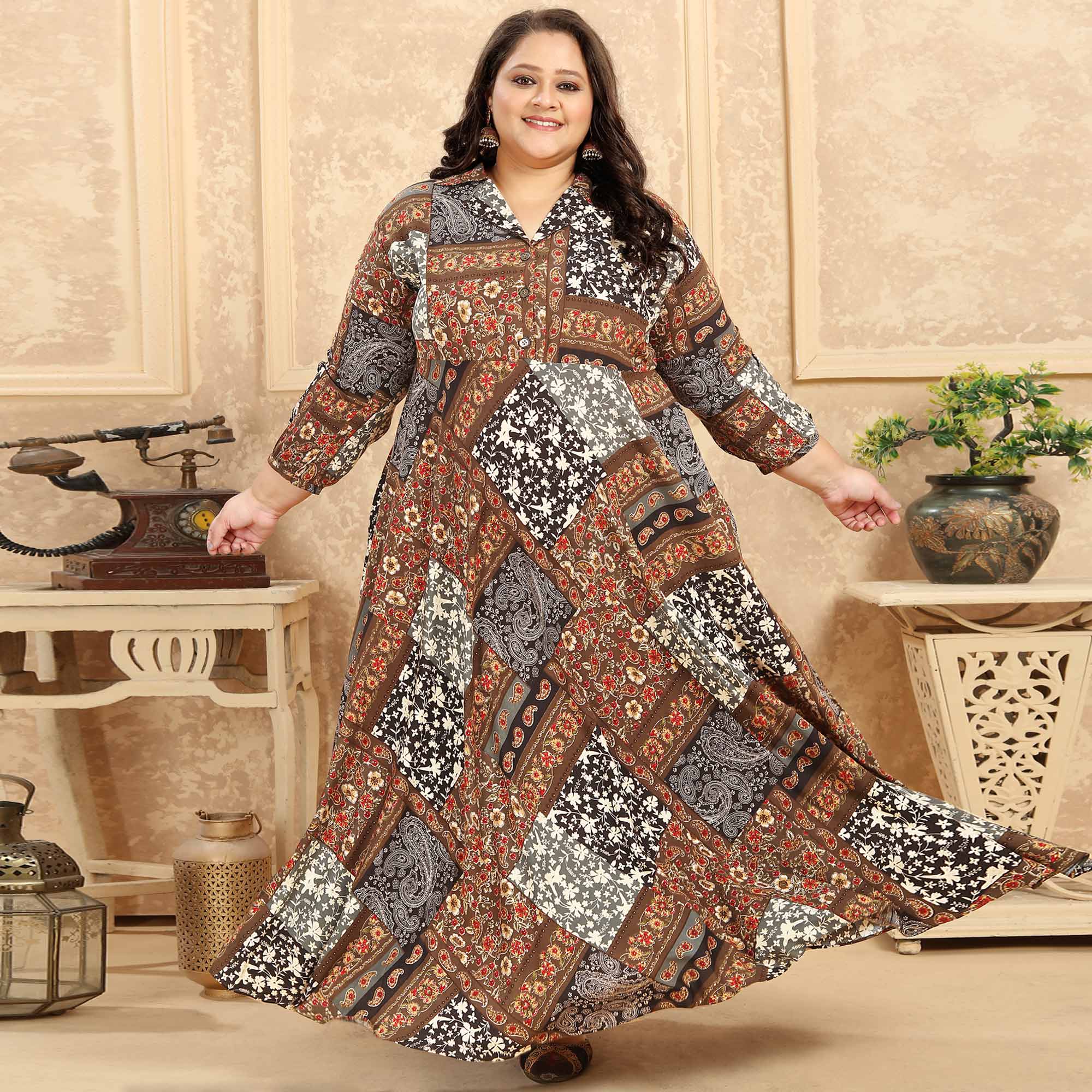 Peachmode Seller Brown Floral Printed Rayon Long Kurti - view 2
