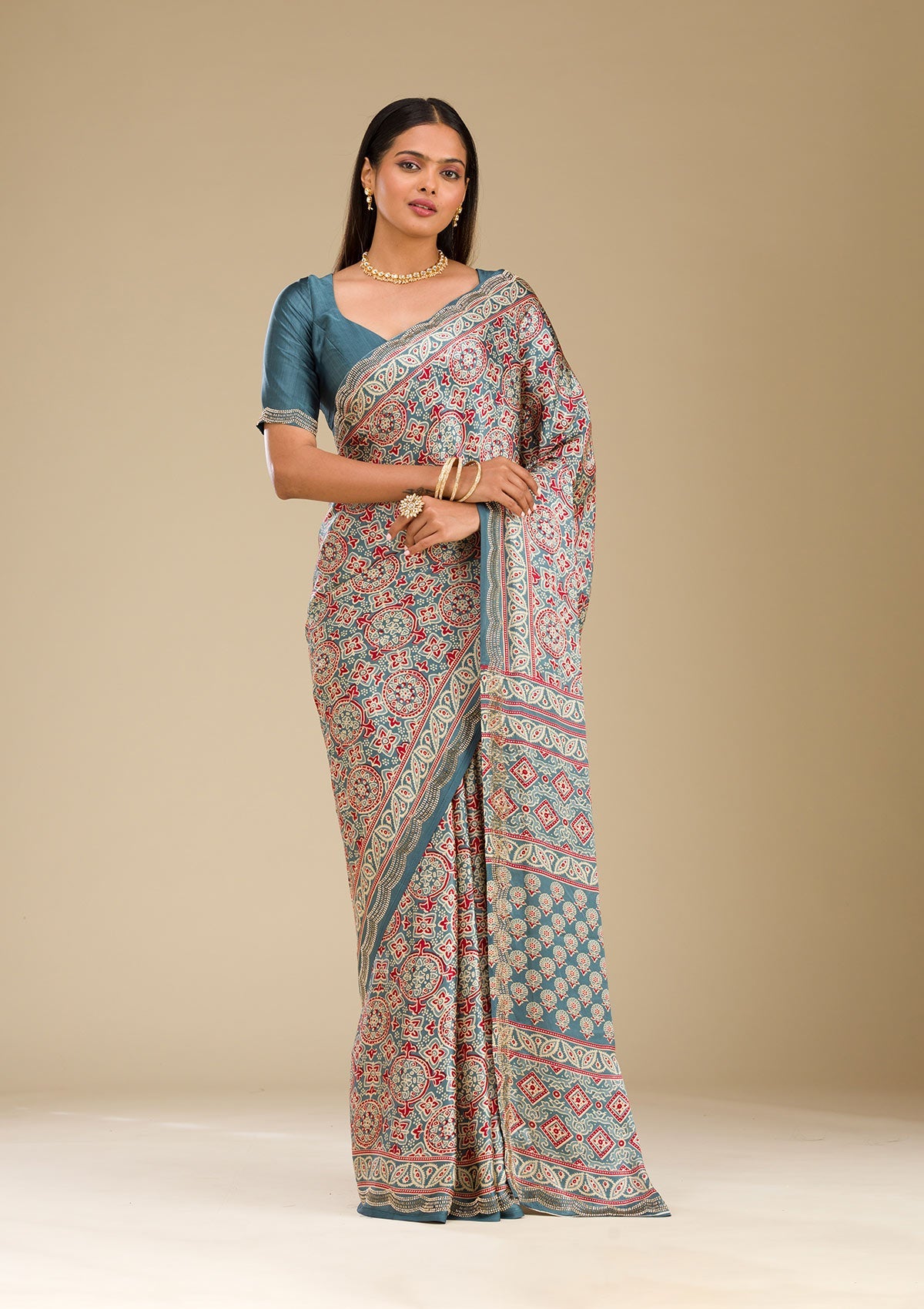 Koskii Blue Printed Satin Saree – Women's