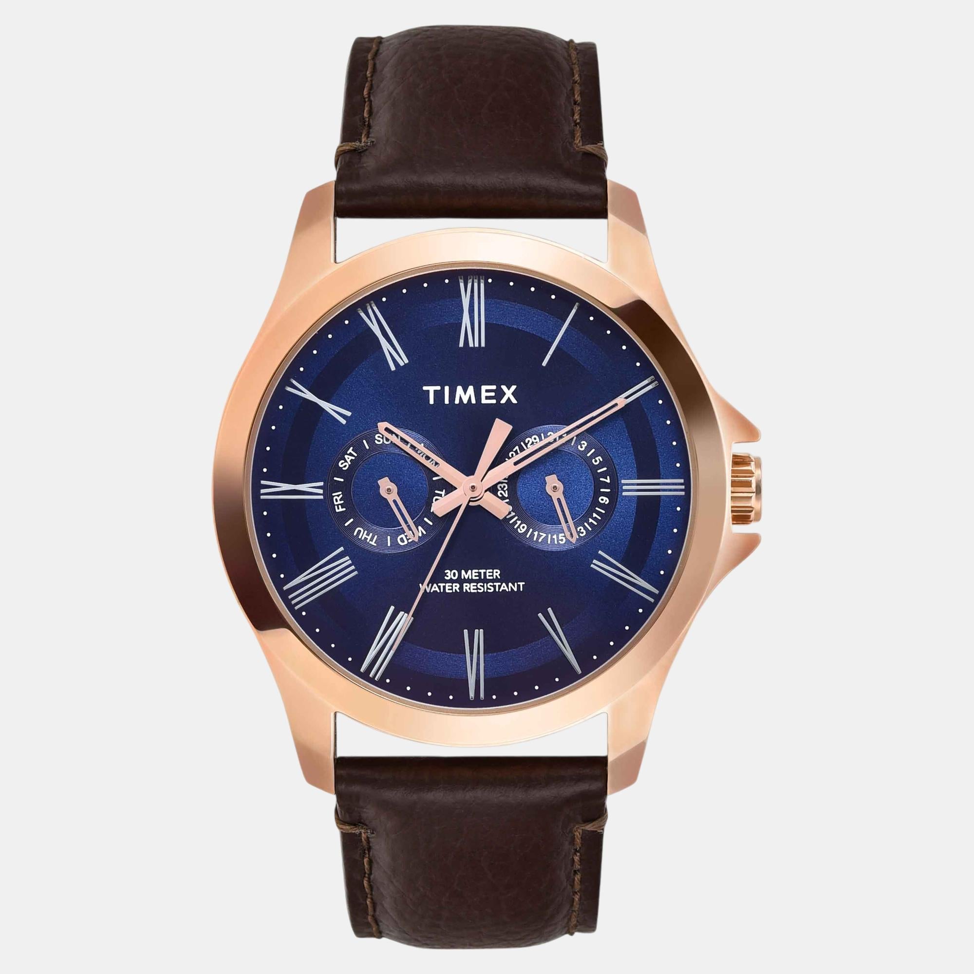 Timex Fashion Men Quartz Blue Dial Analog Leather Watch TW000X133