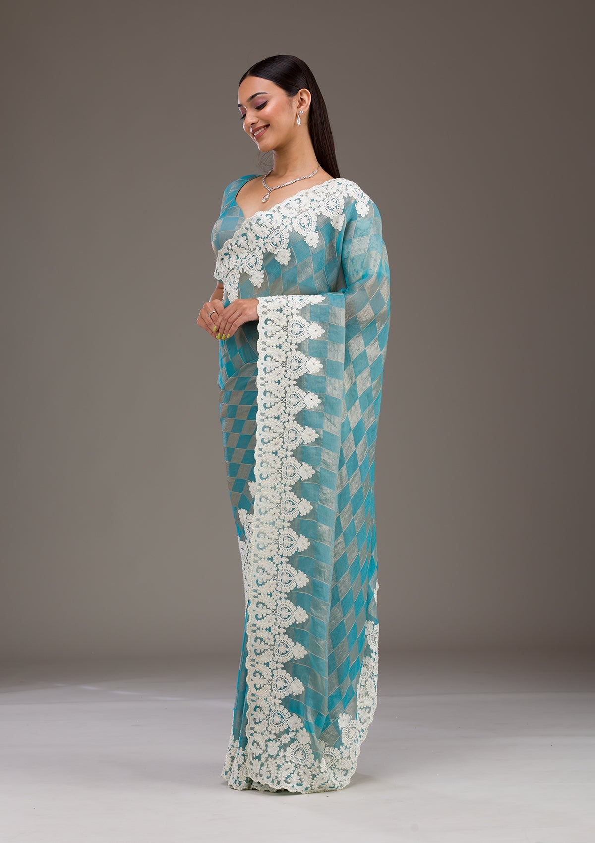 Koskii Turquoise Blue Pearlwork Tissue Saree – Women's - view 7