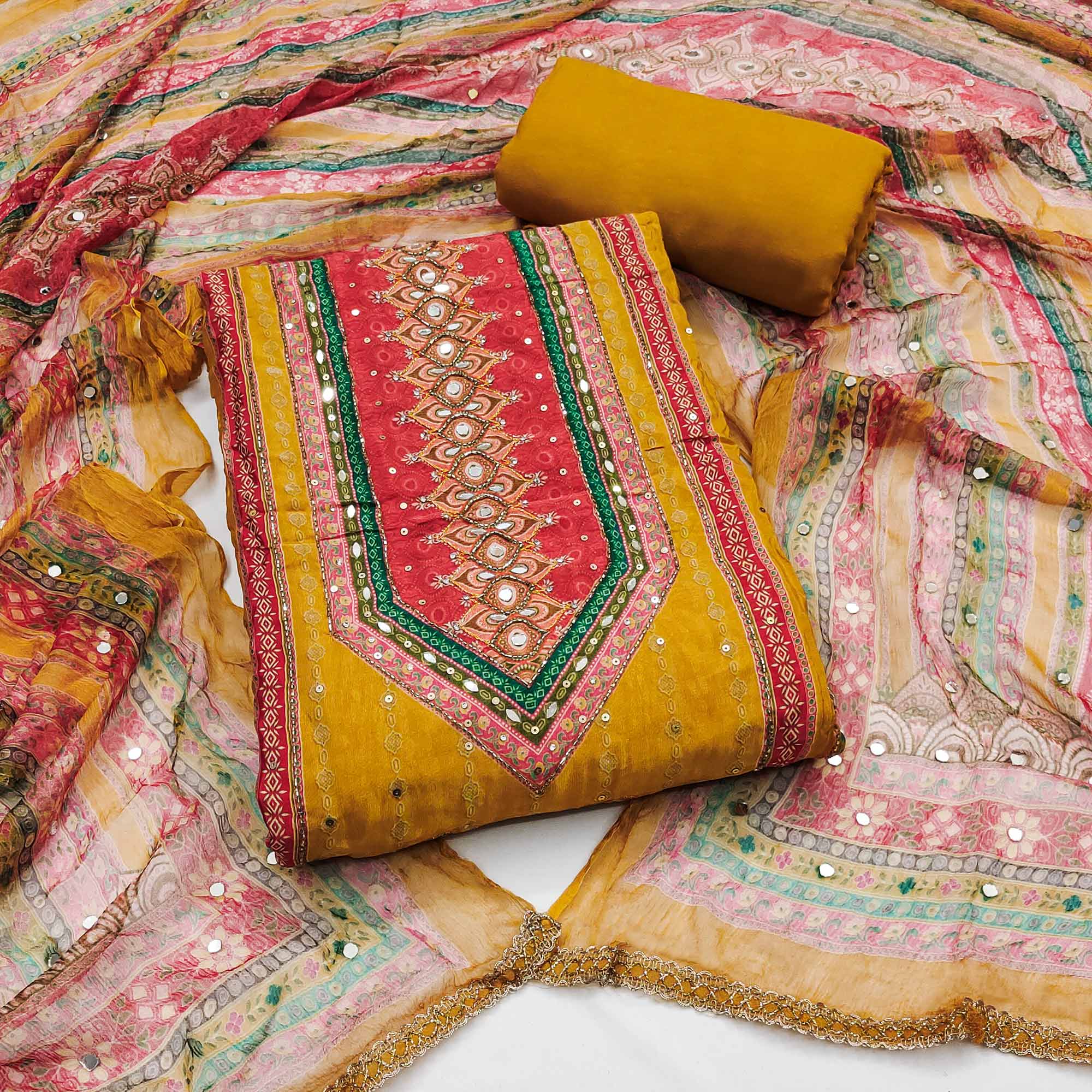 Peachmode Mustard Embroidered With Printed Work Crepe Dress Material
