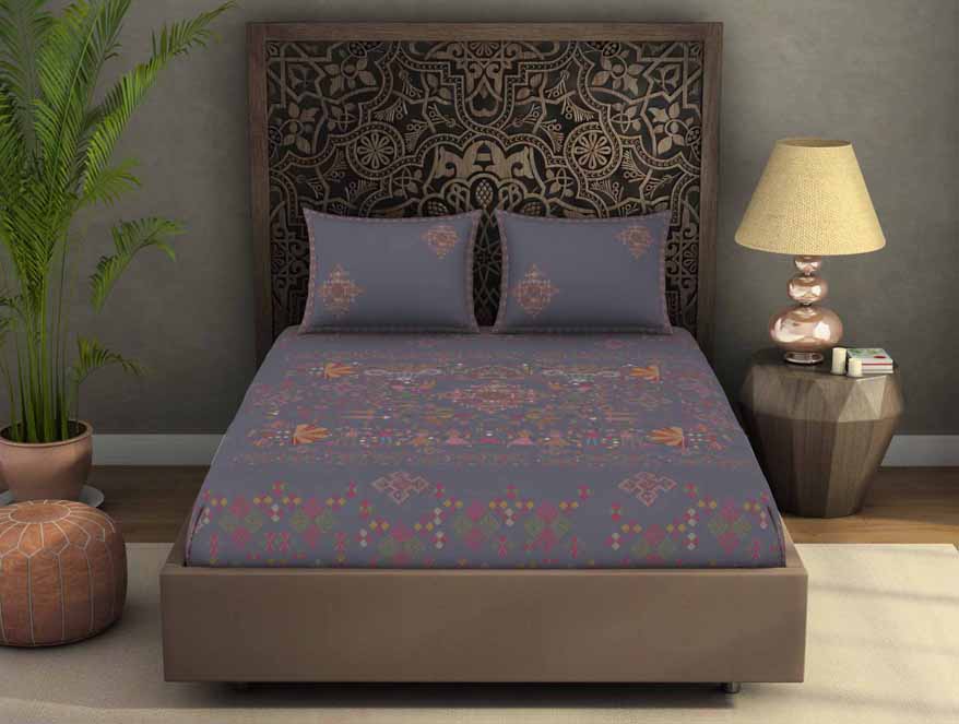 Spaces India Geometric Grey 100% Cotton King Size Bedsheet Rangana Digital - By Spaces