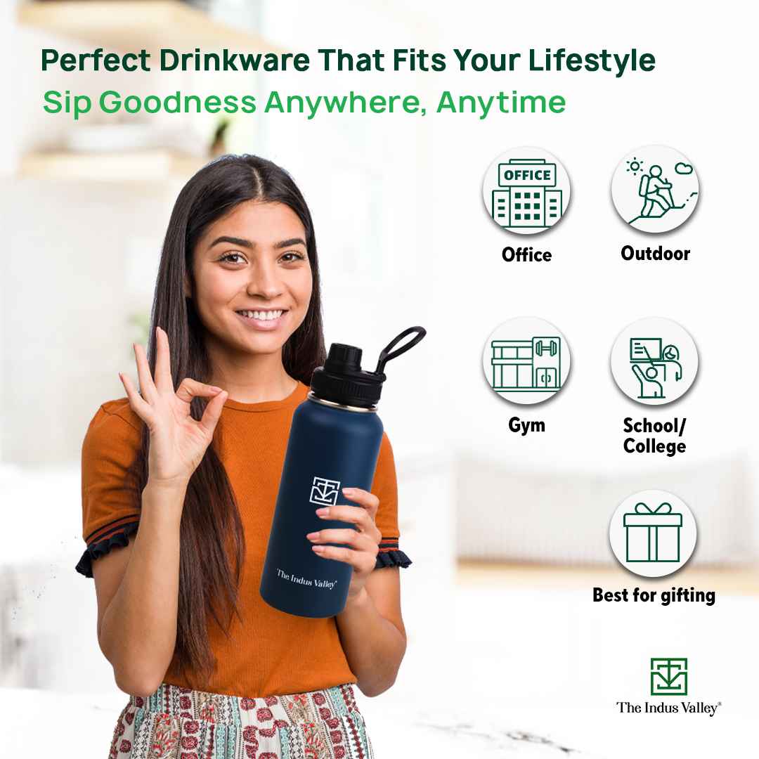 The Indus Valley Premium Stainless Steel Vacuum Insulated Wide Mouth Water Bottle with Handle, Leak-proof, 1000ml - view 6