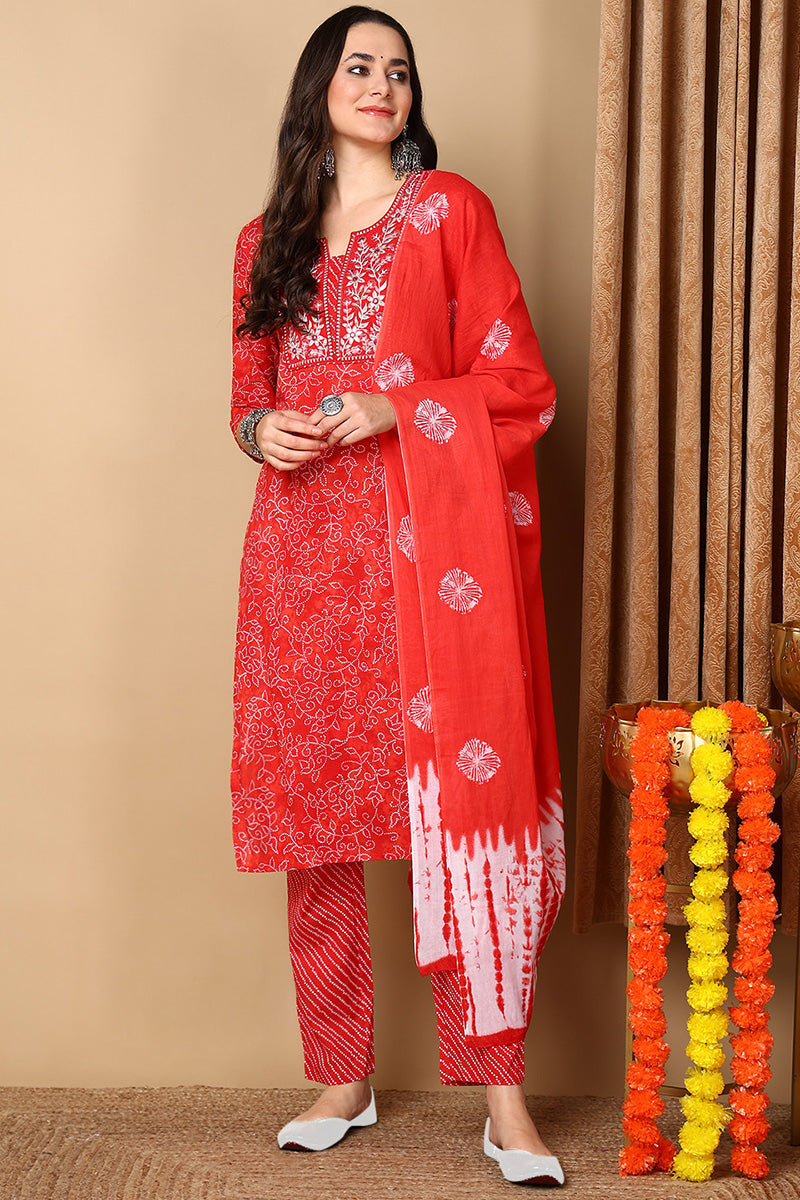 Ahika Red Pure Cotton Ethnic Motifs Embroidered Straight Suit Set VKSKD2057