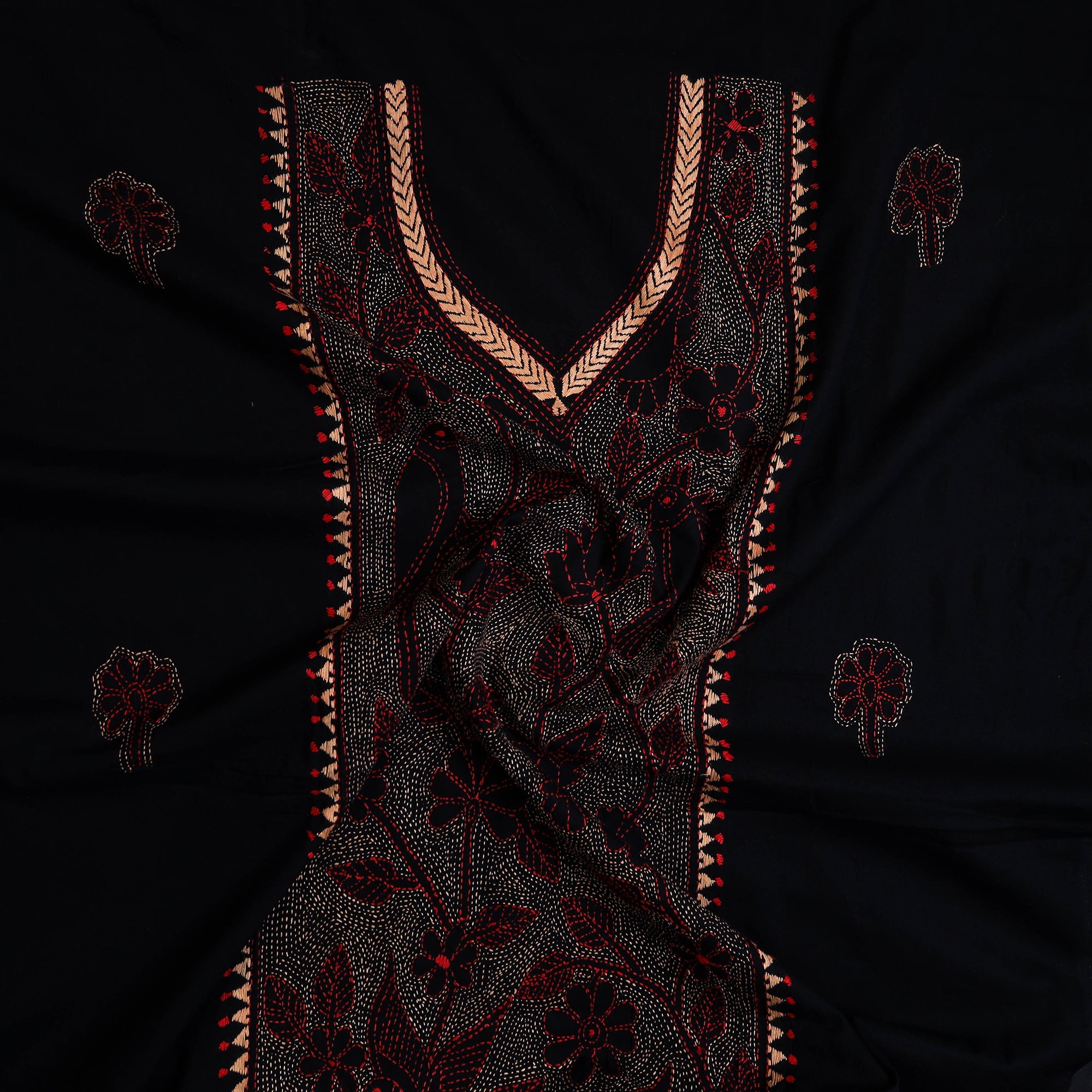 KHUSHBASH - HAPPY LOOM OF EAST Black - Bengal Kantha Embroidery Cotton Kurta Material - (2.75m) 04 - view 2