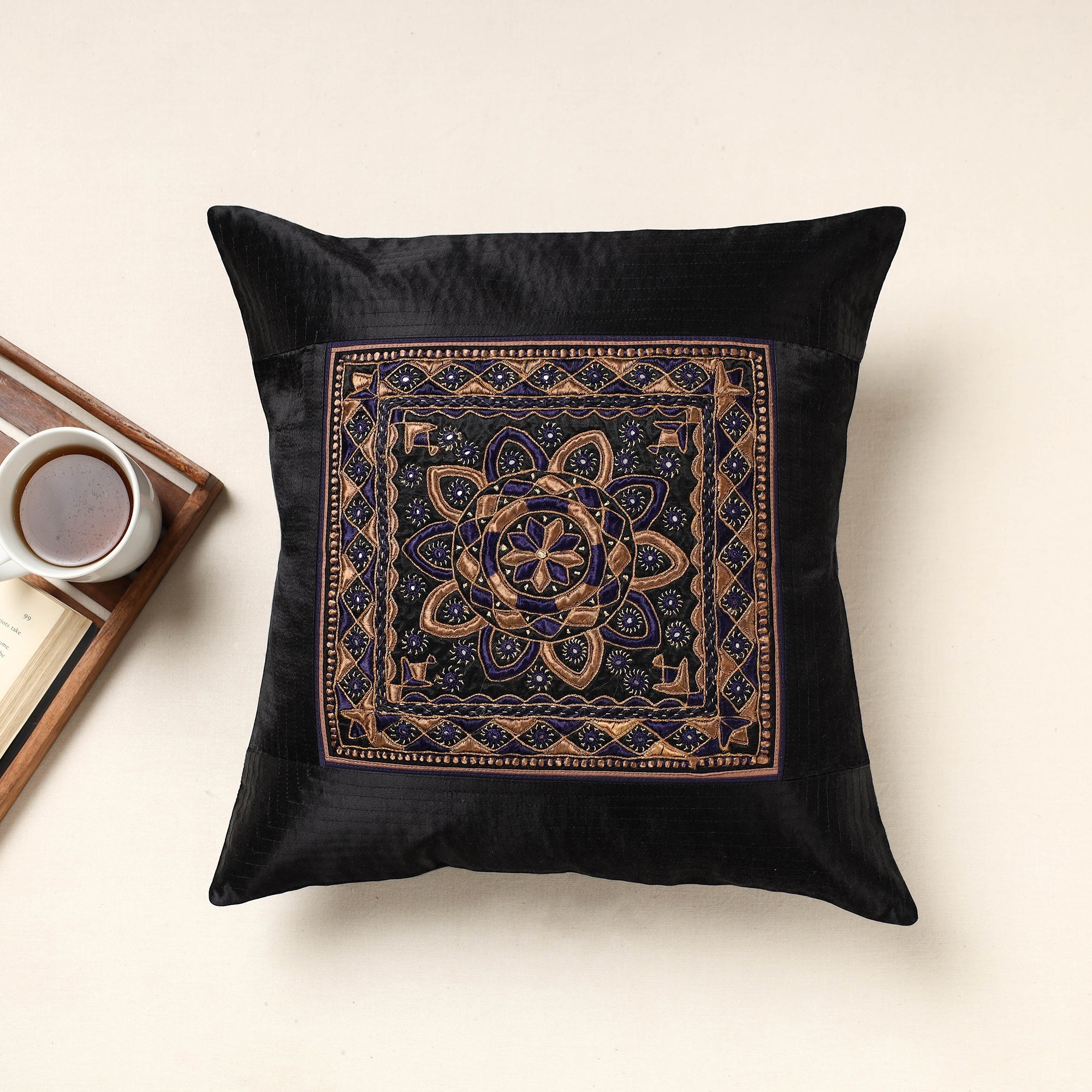 QASAB Black - Kutch Pakko Bherni Hand Embroidery Mashru Silk Cushion Cover (16 x 16 in)