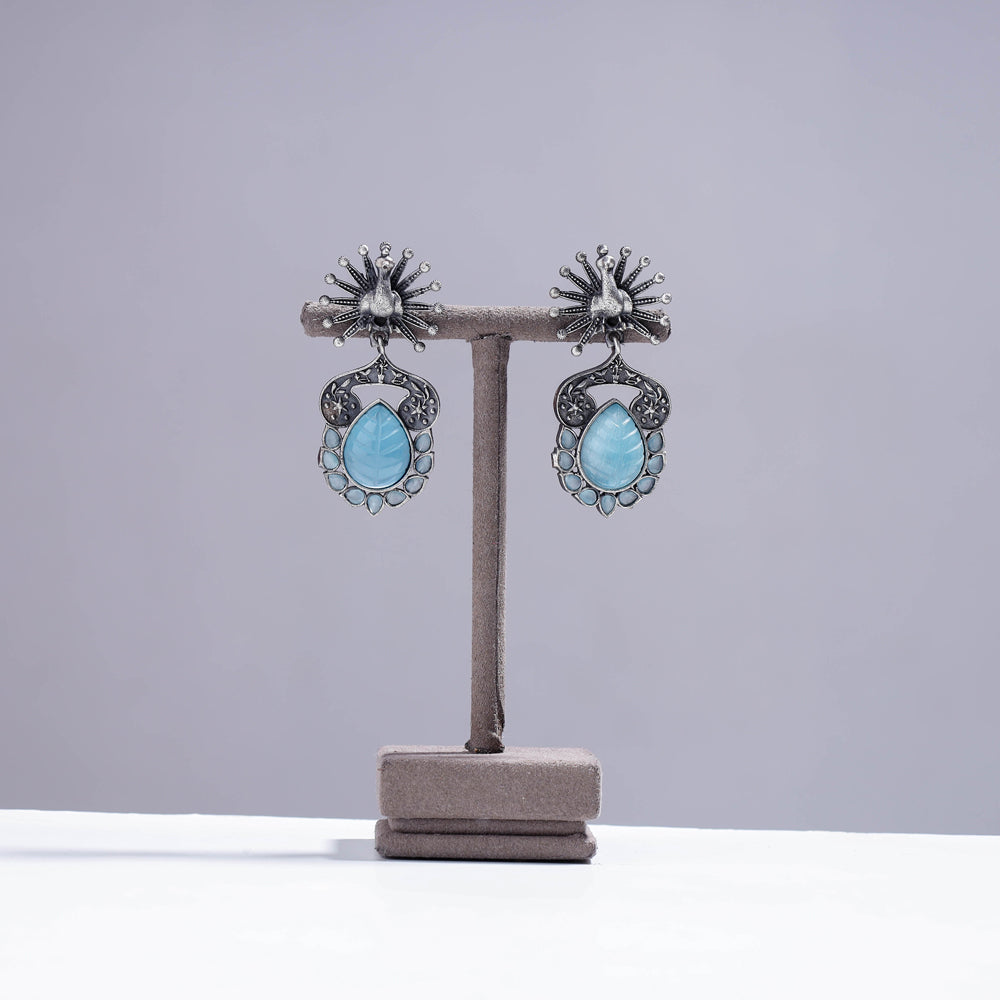 WHITE RIVER STORIES Antique Silver Finish Oxidised Brass Base Stone Work Earrings