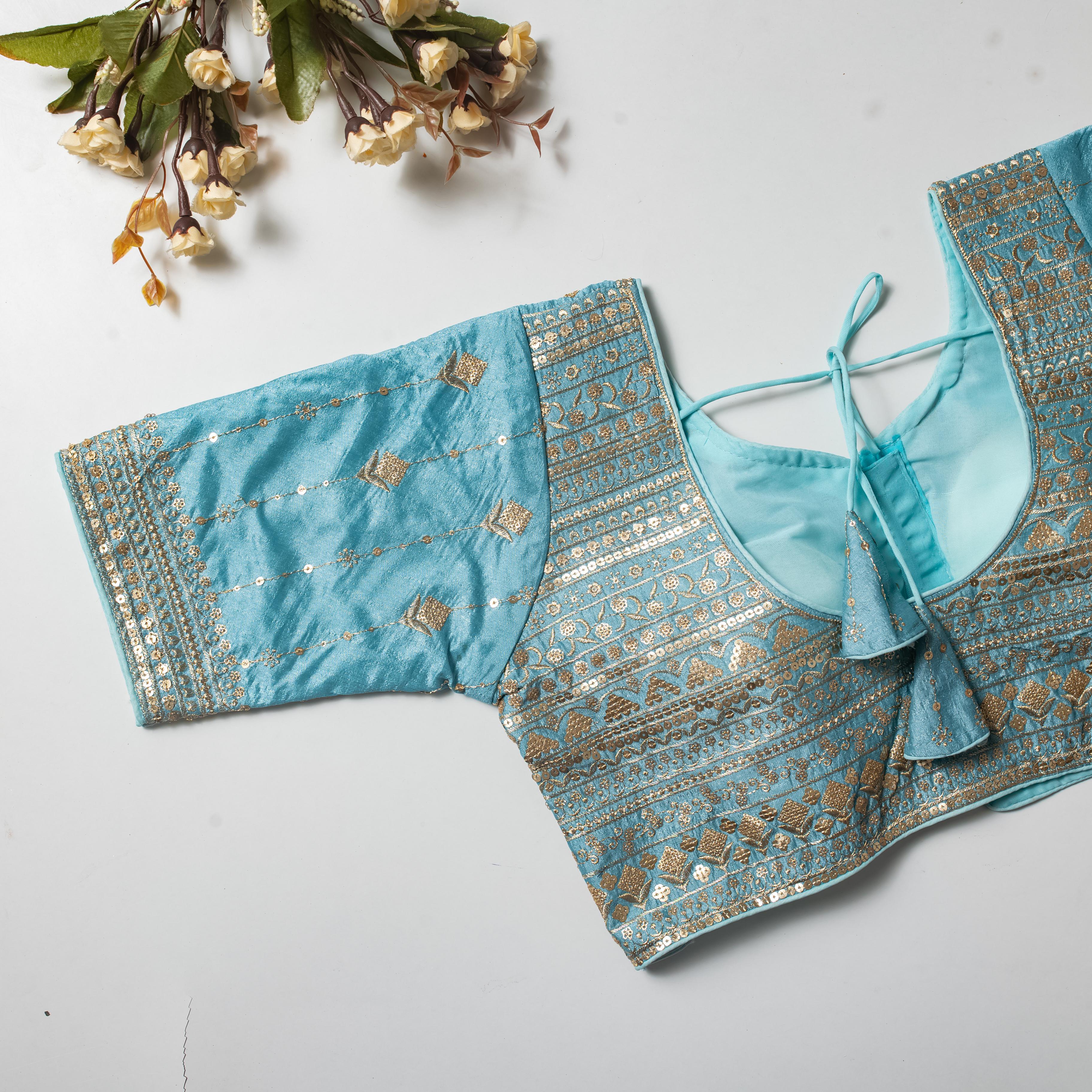 ClothsVilla Sky Blue Golden Embroidered Vibrant Silk Blouse with Sequins