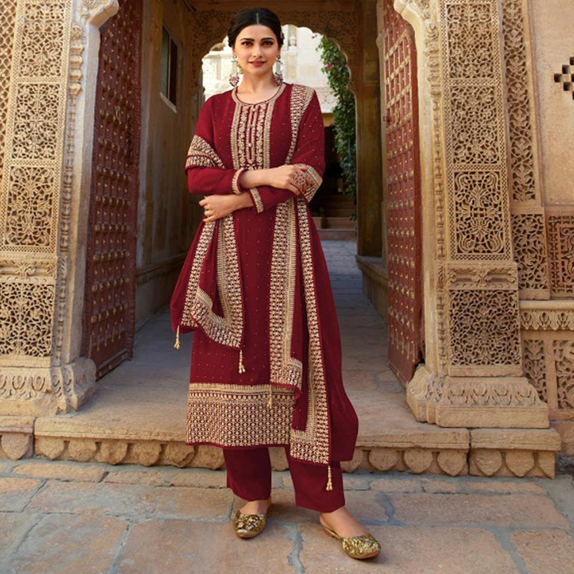 Peachmode Maroon Casual Wear Embroidered Faux Georgette Salwar Suit