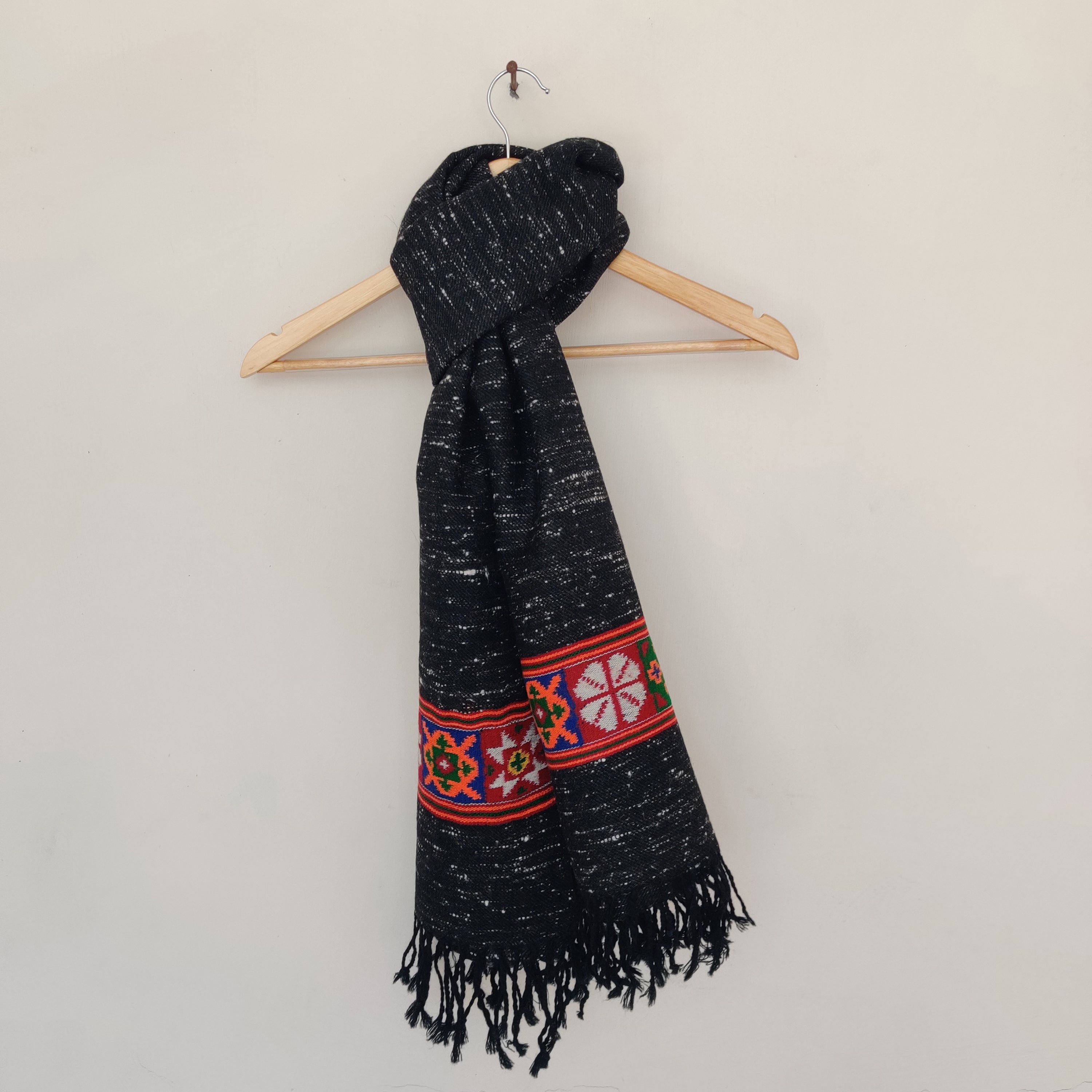 CHARKHA Black Multicolor Handwoven Sheep Wool Kinnauri Stole - view 3