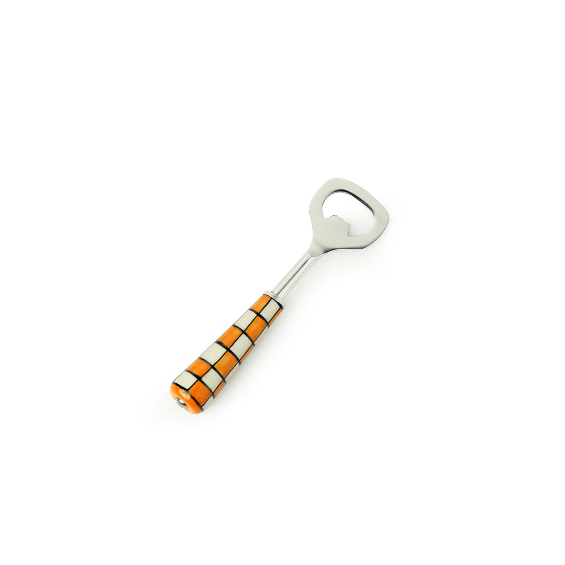 EXCLUSIVELANE 'Shatranj Checkered' Handpainted Bottle Opener In Stainless Steel & Ceramic - view 2